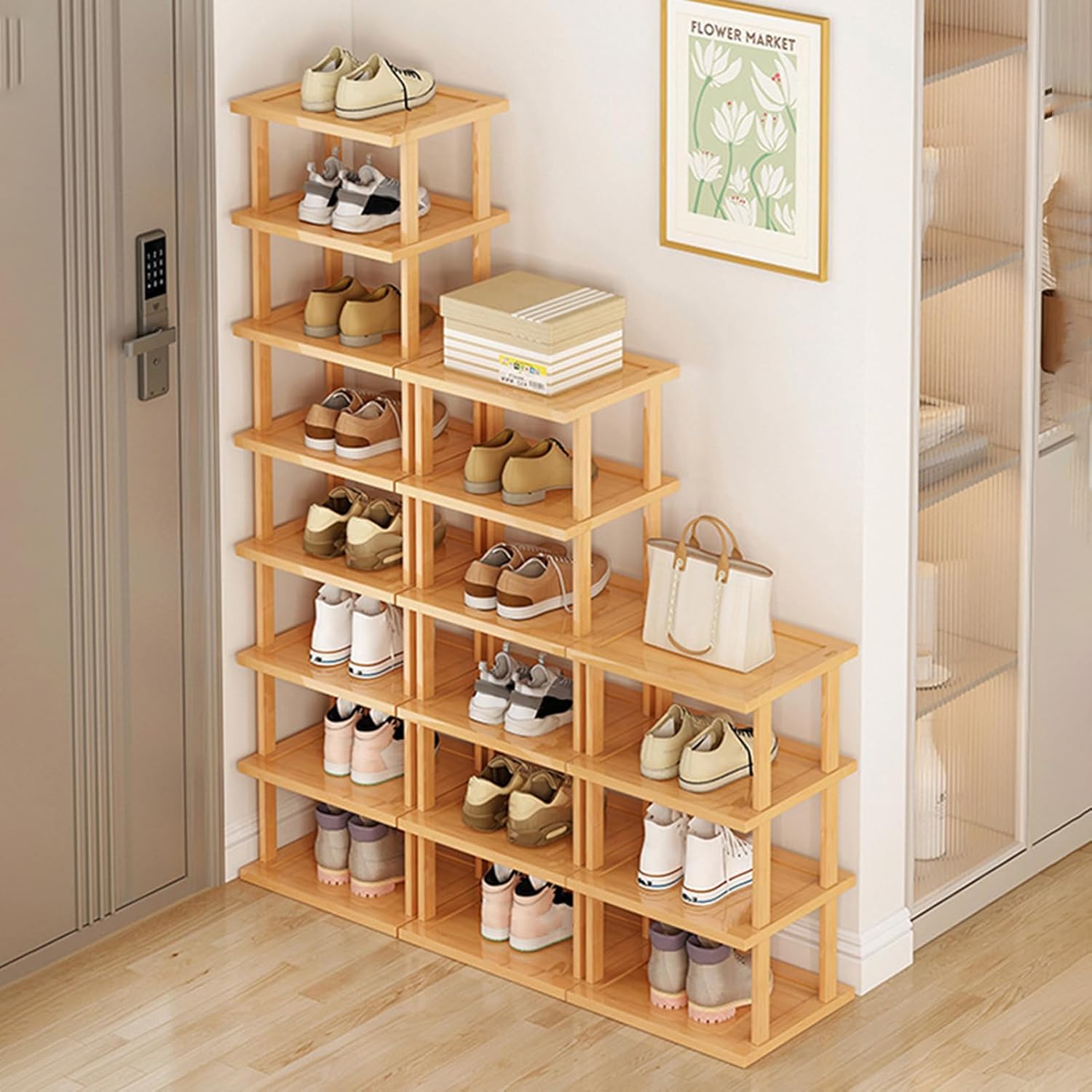 HshDUti Bamboo Wood Shoe Rack, Detatchable Vertical Shoe Rack,Narrow Shoe Rack,Space Saving Corner Shoe Shelf, Free Standing Shoe Storger, Classic Shoe Cabinets Slim for Entryway,No-Tool Assembly(8)