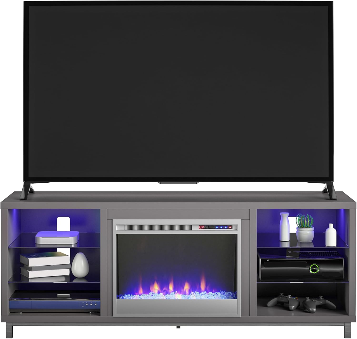 Ameriwood Home Lumina Fireplace TV Stand for TVs up to 70 Inch, Replaceable Electric Fireplace Insert Heater, Remote Control, Timer, Color Changing LED Lights, Crystal Ember Flames, Graphite Gray