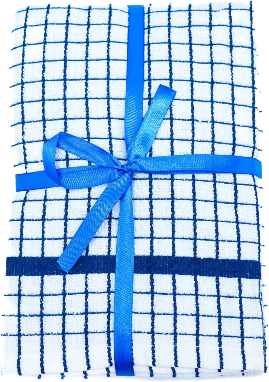 QUALITY HOME TEXTILES 100% Cotton Large Luxury Terry Towelling Tea Towels with Hanging Loop | Pack of 3| Kitchen Hand Towels Dish Cloth Super Absorbent Soft Touch | Gift Packed Tea Towels (BLUE)