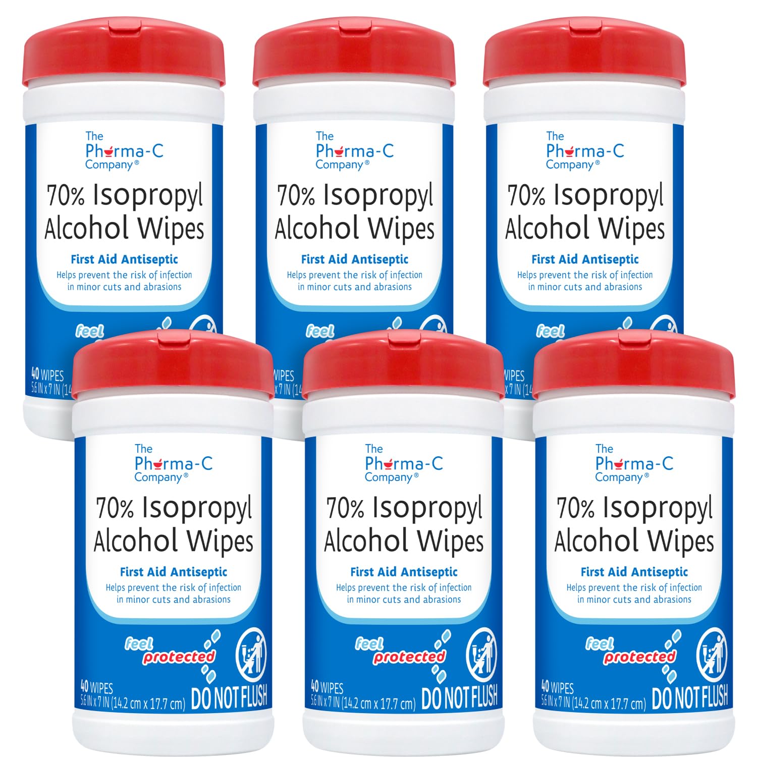 The Pharma-C Company - 70% Isopropyl Alcohol Wipes [6 pack] | 40 Count First Aid Antiseptic Wipe. For Minor Cuts, Scrapes, and Burns. Moisture Lock Lid. On-the-Go Care.