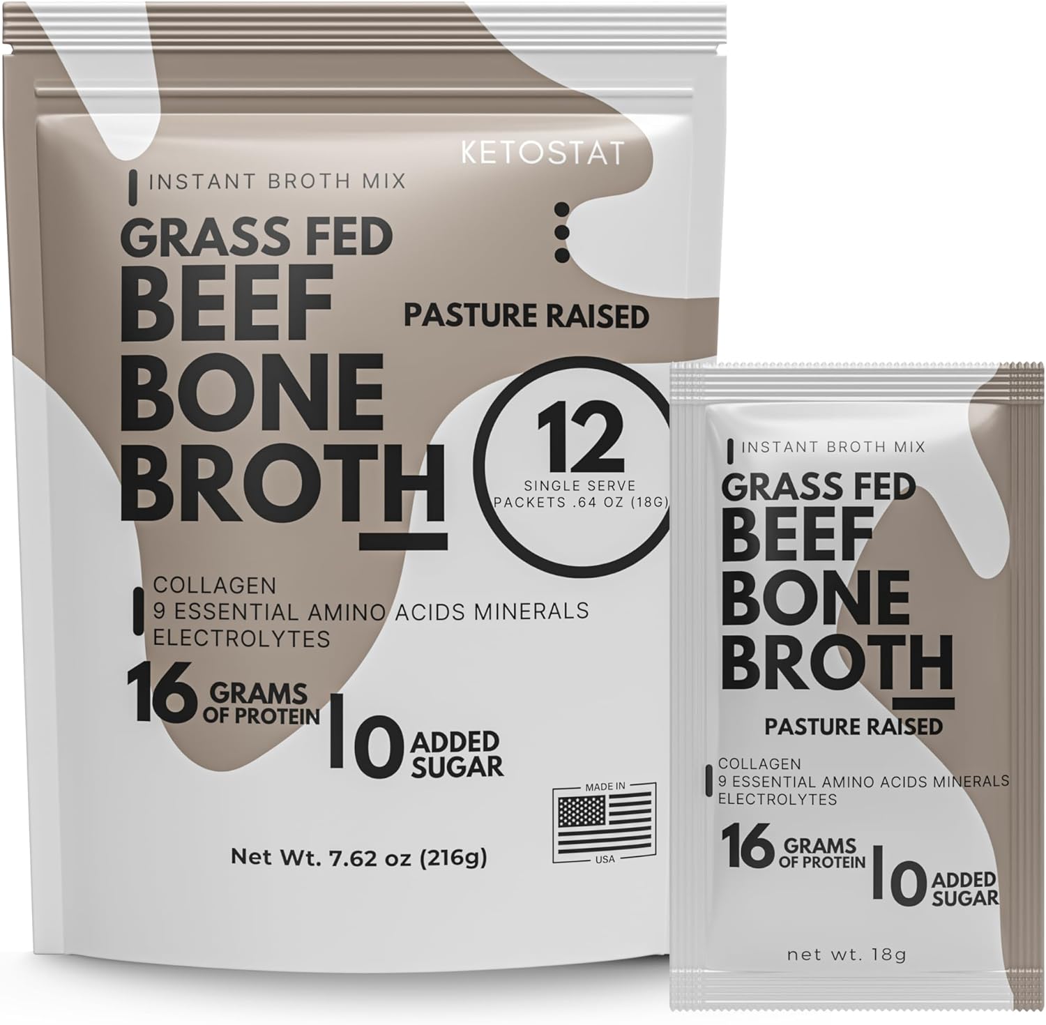 Bone Broth Protein Powder Packets, Grass-Fed Beef (12 Pack, 18g) - 16 Grams of Hydrolyzed Beef Collagen Protein, Amino Acids, Electrolytes Sipping Broth Powder