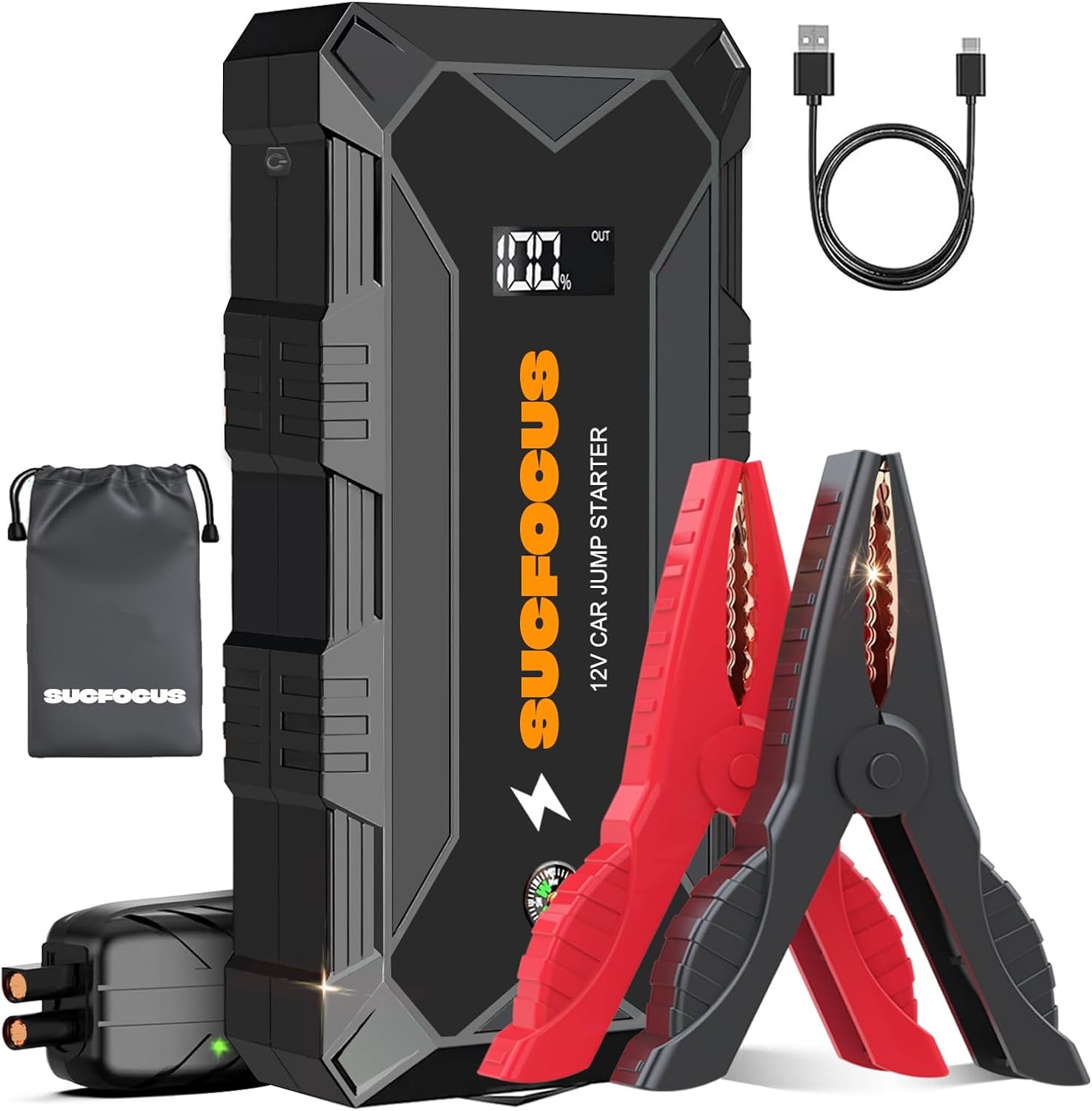 Jump Starter Power Pack, 2500A Car Battery Booster Jump Starter (for 8.0L Gas or 6.5L Diesel Engine), Car Jumper Starter Power Bank with Jump Leads, LED Light/USB QC3.0 (2500A)