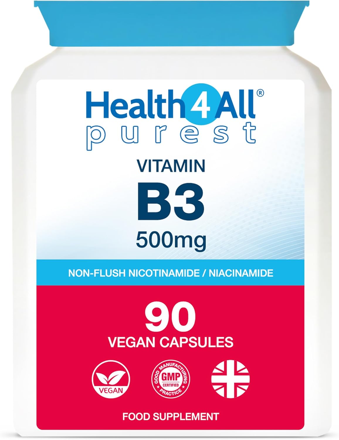 Health4All Vitamin B3 Niacin as Nicotinamide (Niacinamide) 500mg 90 Capsules, Purest, No Additives, Vegan, Gluten Free No-Flush Niacin Vitamin B3 Capsules | Made in UK