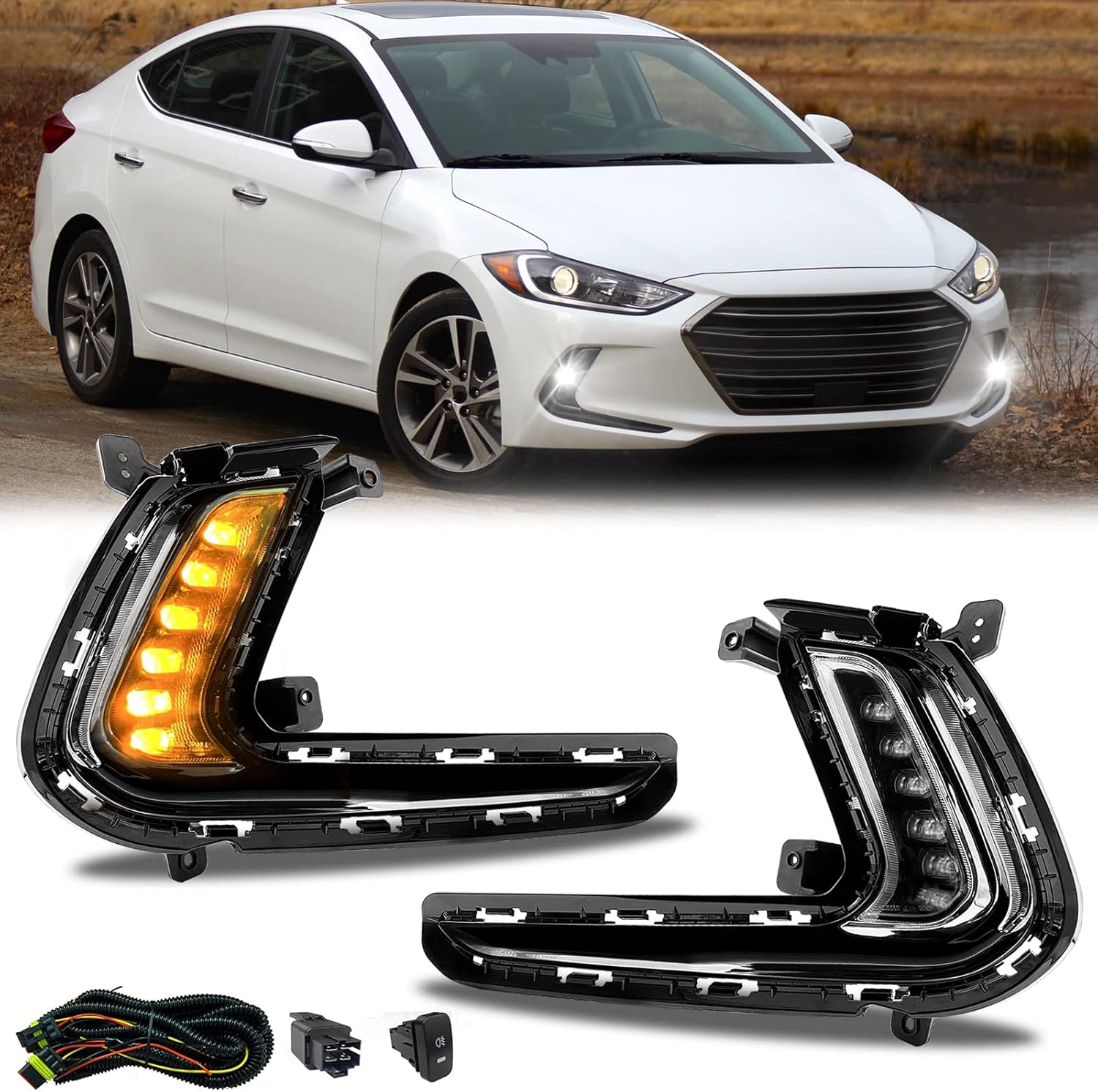 WILD BEAR Fog Lights with DRL Compatible with 2016 2017 2018 Hyundai Elantra Daytime Running Light with Turn Signal Dual Functions