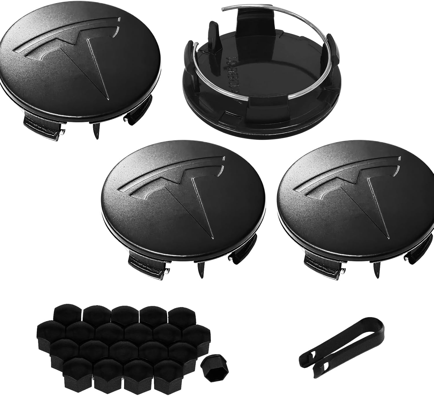 4 Pack Exterior Decoration Wheel Center Cover for Tesla Model 3 Model Y,56mm Hubcaps Wheel Rim Cover Tesla Center Caps Hubcaps+22 Black Lug Nut Covers (Matte Black+Black Emblem)