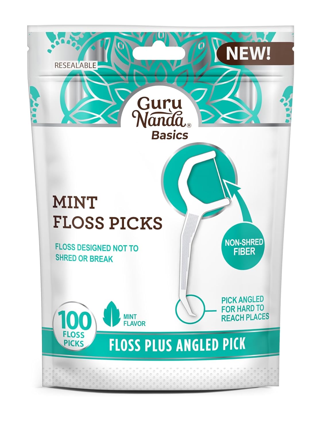 GuruNanda Dental Mint Floss Picks - Non- Shred Thread with Angled Pick for Effective Plaque Removal - Dentist Recommened - Travel Friendly for Adults & Kids - 100 Pack