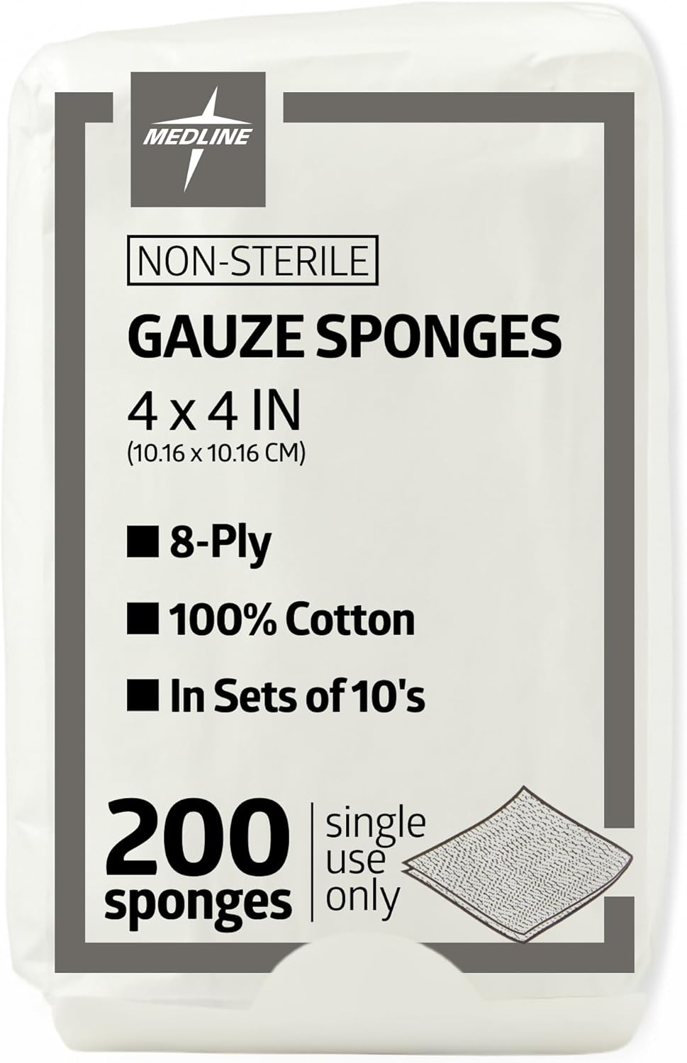 Medline 4 x 4 inch Gauze Sponges, 100% Cotton, 8-Ply Woven Non-Sterile Gauze (Pack of 200)