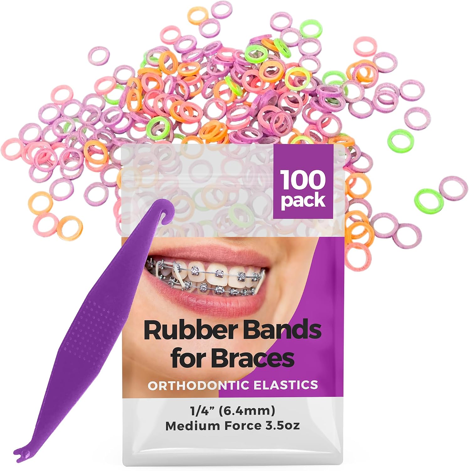 Orthodontic Rubber Bands for Braces, 1/4in Medium, 100 Pack, Neon