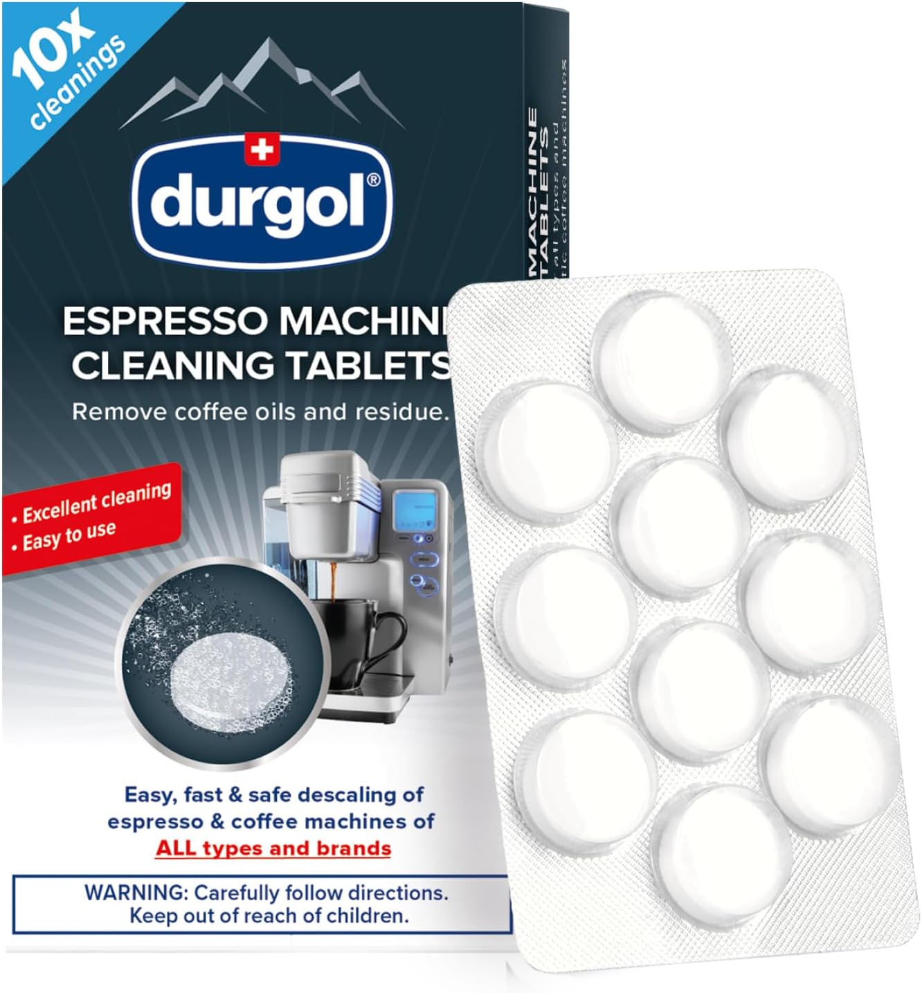 Durgol Espresso Machine and Coffee Maker Cleaning Tablets, Compatible with all Coffee Machines10 count, White