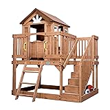 Backyard Discovery Scenic Heights Elevated Cedar Wooden Kids Playhouse with Play Kitchen, Wrap-Around Deck, Toy Storage Bench, Saloon-Style Doors, Ladder, Stairs, and Growth Chart for Outdoor Play