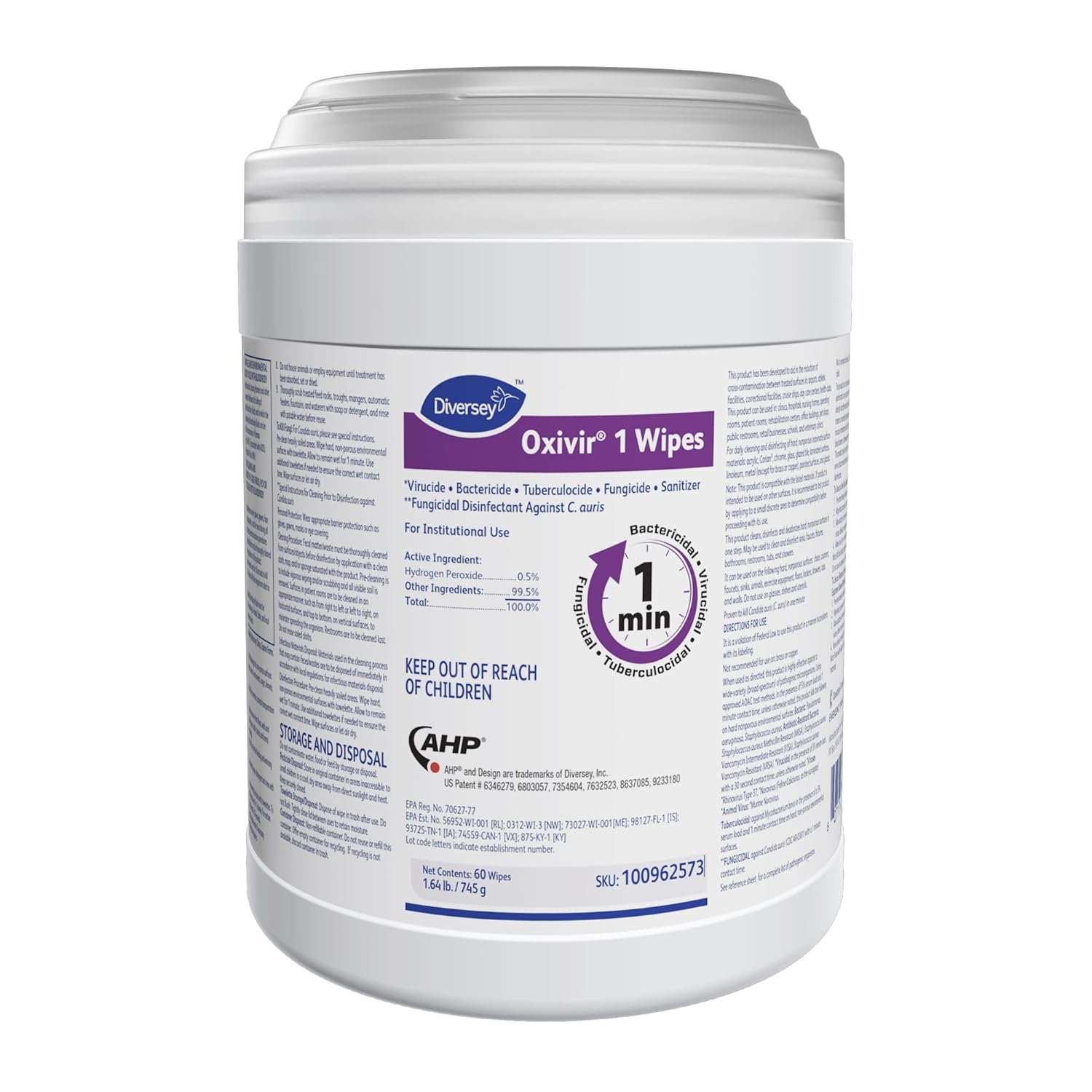 Oxivir Diversey 1 100962573 Disinfectant Cleaning Wipes, Pre-Moistened with Accelerated Hydrogen Peroxide AHP, Unscented, 60 Large 10x10-Inch Wipes, 1-Canister