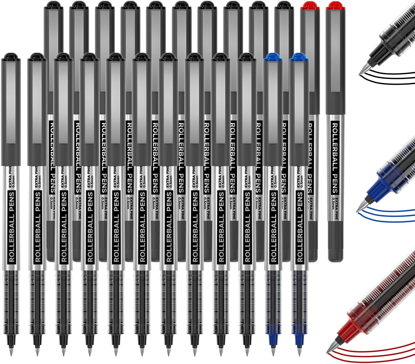 Shuttle Art Rollerball Pens, 25 Pack (21 Black, 2 Blue, 2 Red) 0.5mm Liquid Ink Pens, Quick Drying & Long Lasting Extra Fine Point Pens for Writing, Journaling, Notes Taking School Office Supplies