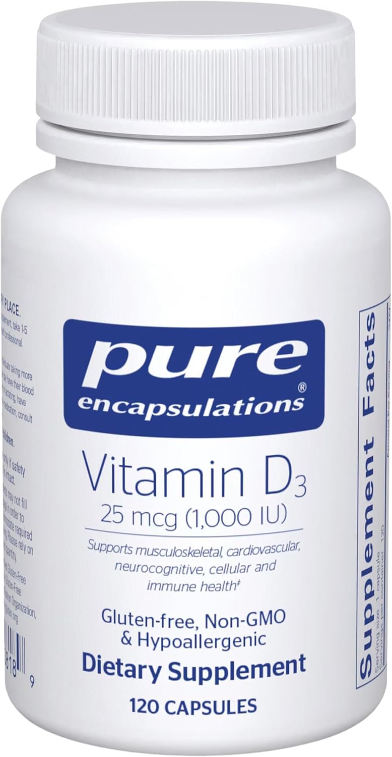 Pure Encapsulations Vitamin D3 1,000 IU, 120 Capsules | Supports Bones, Muscle Function & Immunity, 1000 IU Vitamin D as D3, Aids Calcium & Phosphorus Absorption