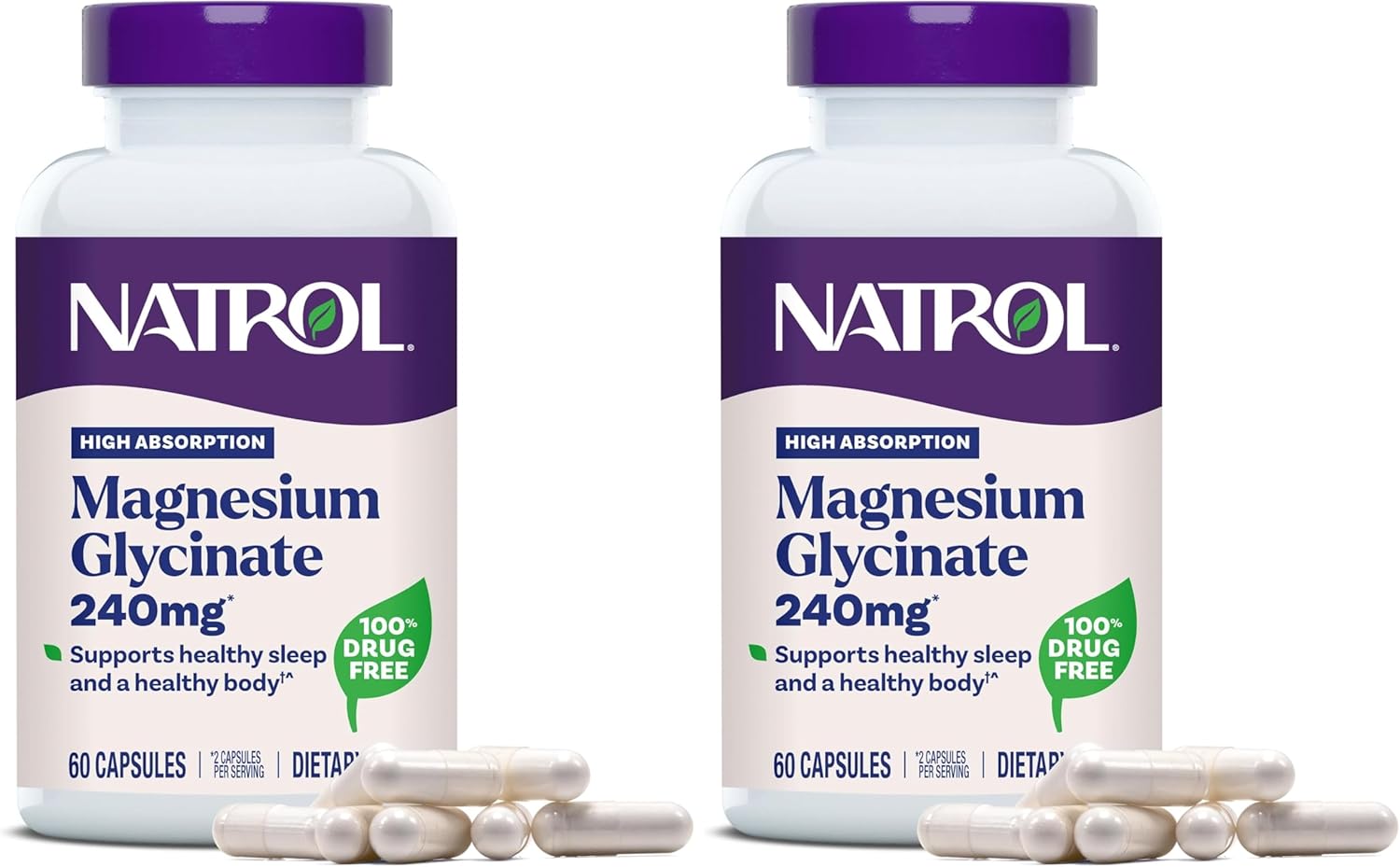 Natrol Magnesium Glycinate Supplements 240 mg - High Absorption - Calm Magnesium Glycinate for Sleep - 60 Capsules,30 Day Supply,(Pack of 2)