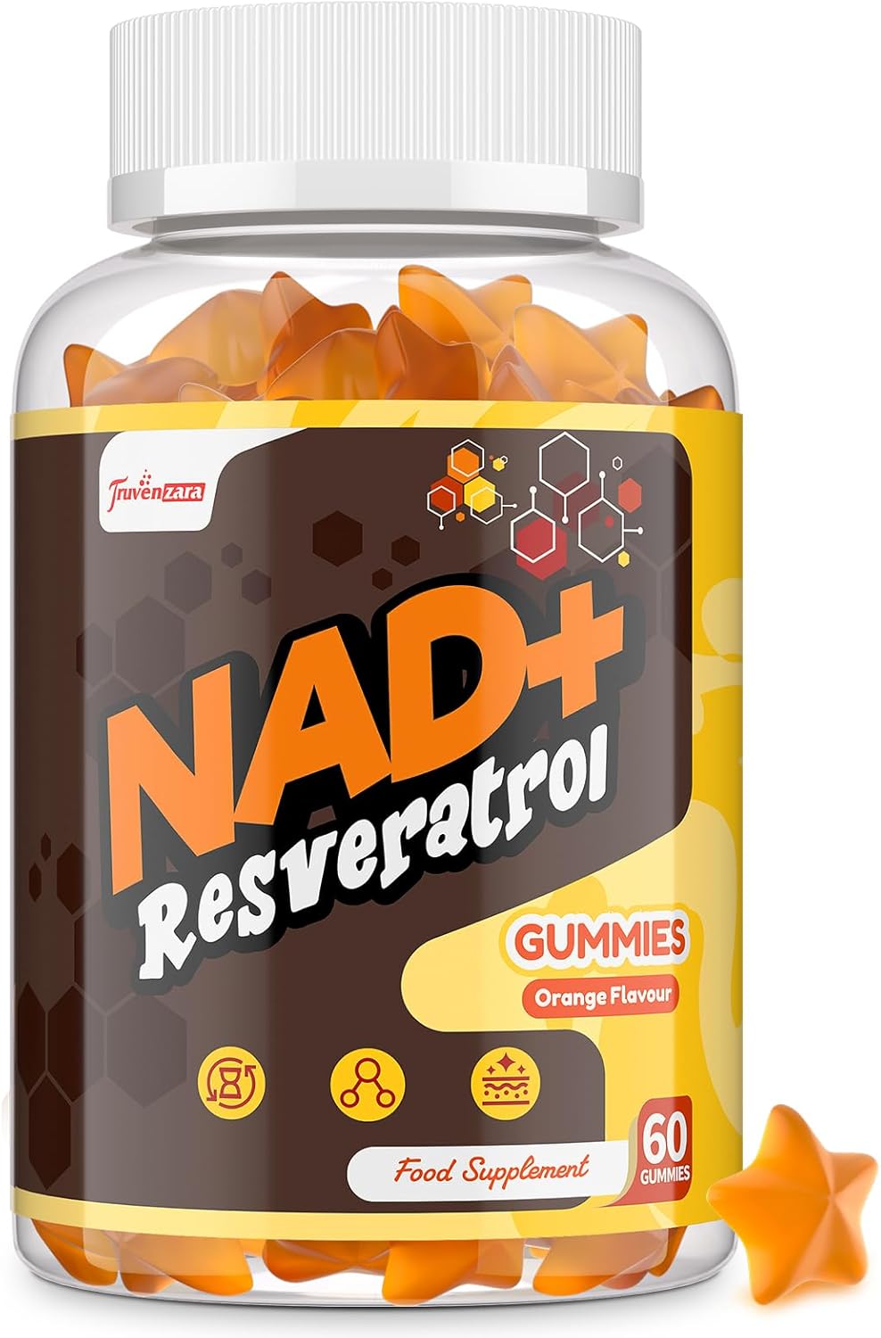 NAD+ Resveratrol Gummies 1310mg, High Absorption Formula with TMG, Hydrolysed Marine Collagen & Black Pepper Extract, NAD+ Supplement for Energy & Anti-Aging, Orange Flavour, 60 Gummies