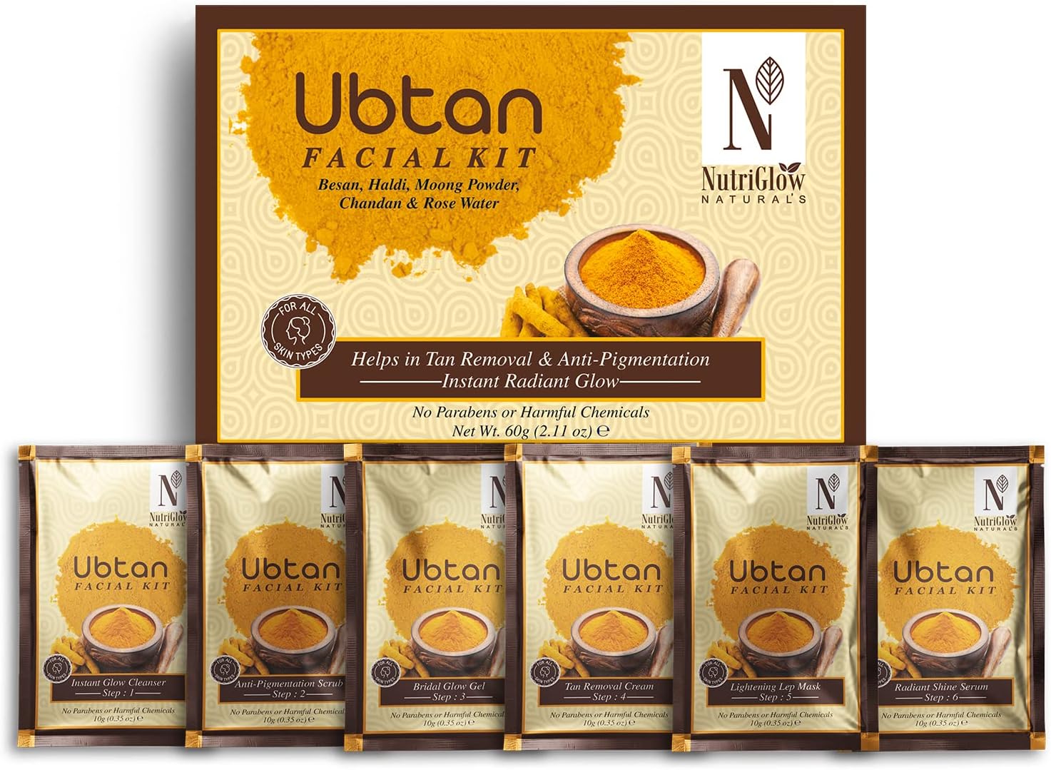 NutriGlow NATURAL'S Ubtan Facial Kit For Glowing Skin, Tan Removal With Haldi & Chandan, 60gm