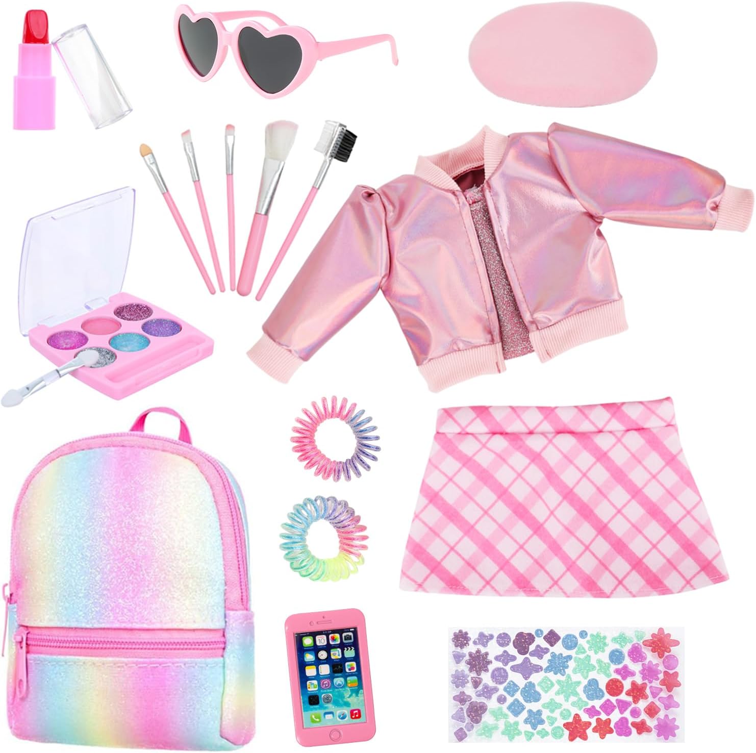 Ecore Fun 18 Inch Doll Accessories Cosmetic Set with Backpack & Outfits 17-Piece | Pretend Play Makeup Kit for 18" Dolls | Includes Lipstick, Eyeshadow, Brushes, Accessories & Stylish Clothes