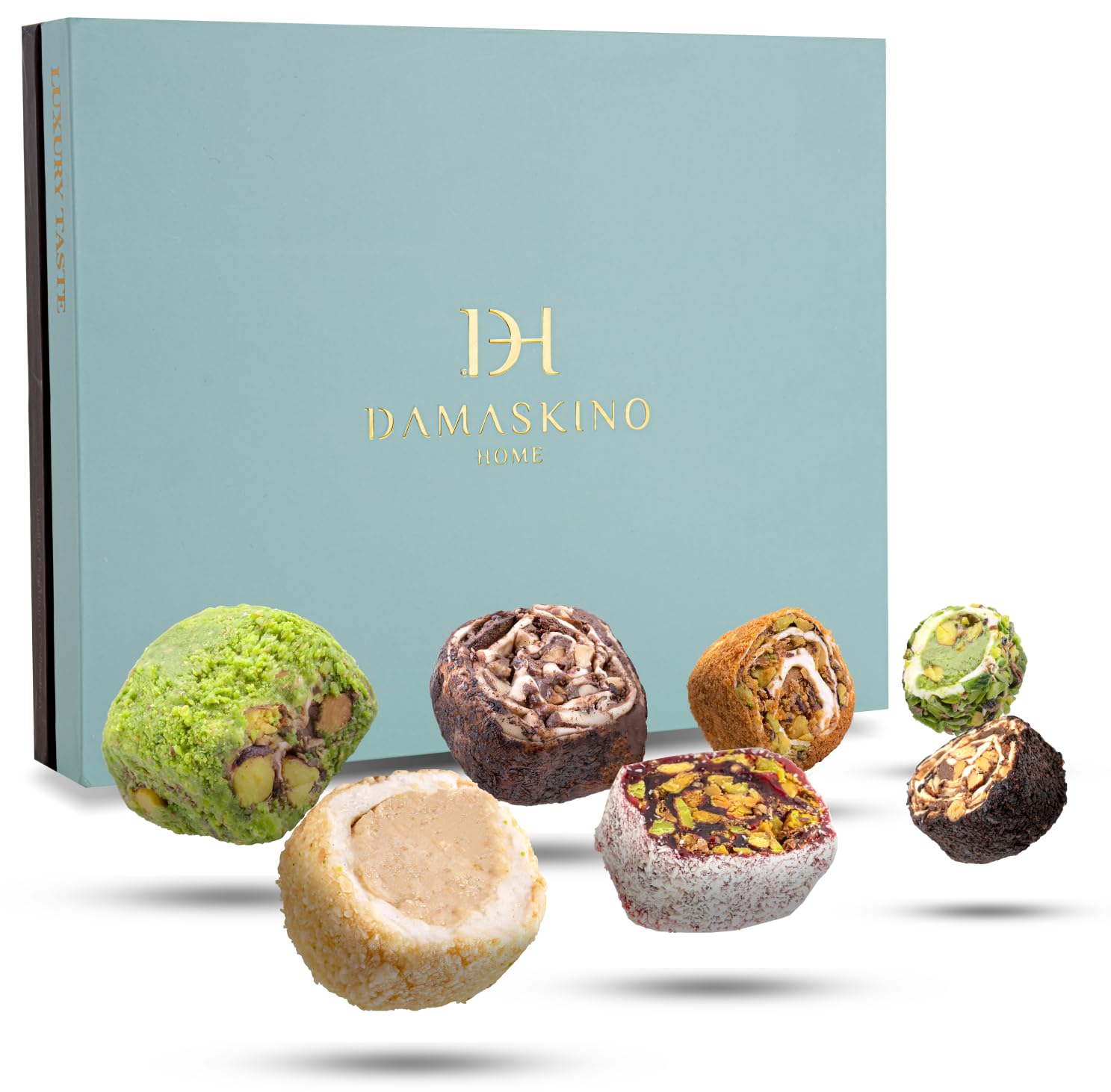Damaskino Home Assorted Turkish Delights Candy 1 lb 6 oz 24 Pieces - Elegantly Packaged Premium Turkish Candy & Turkish Sweets - Lokum Turkish Delights Pistachios & Turkish Delight Rose - Turkish Gifts