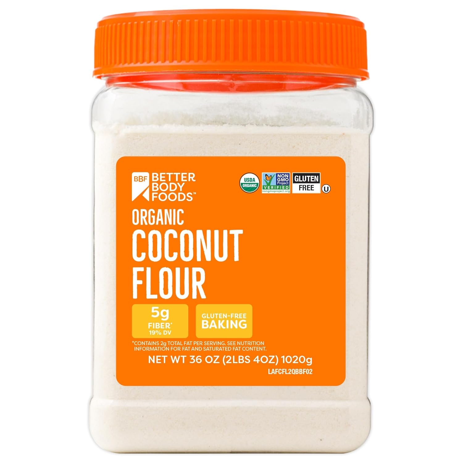 BetterBody Foods Organic Coconut Flour 2.25 Pound Jar, Gluten-Free White Flour Alternative with a Slight Coconut Taste and Aroma, 23% Dietary Fiber per Serving