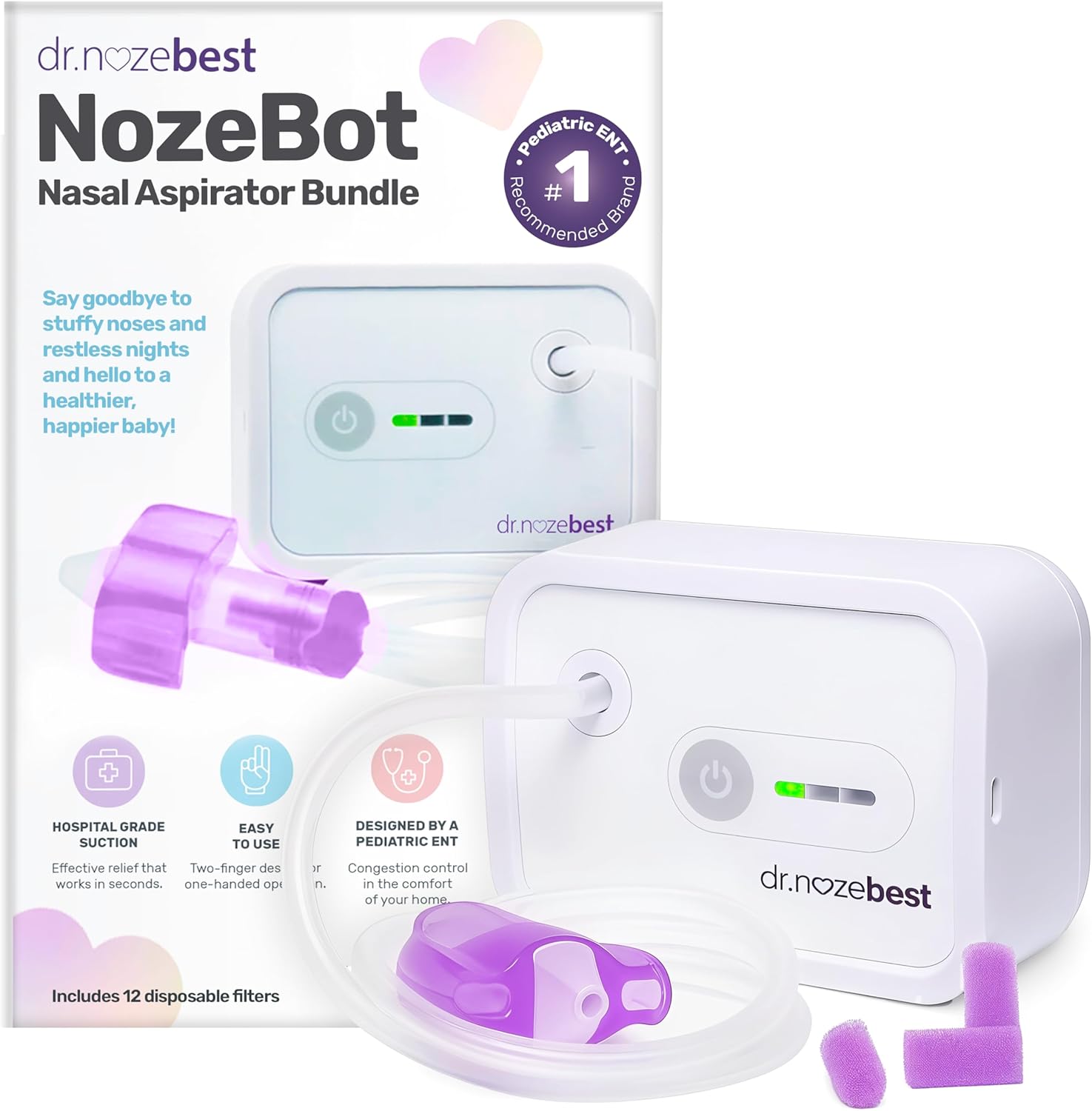 Dr. Noze Best NozeBot Electric Baby Nasal Aspirator - Designed by a Pediatric ENT for Safe, Gentle Congestion Relief - Rechargeable, Portable & Easy to Clean Nose Sucker for Infants and Toddlers