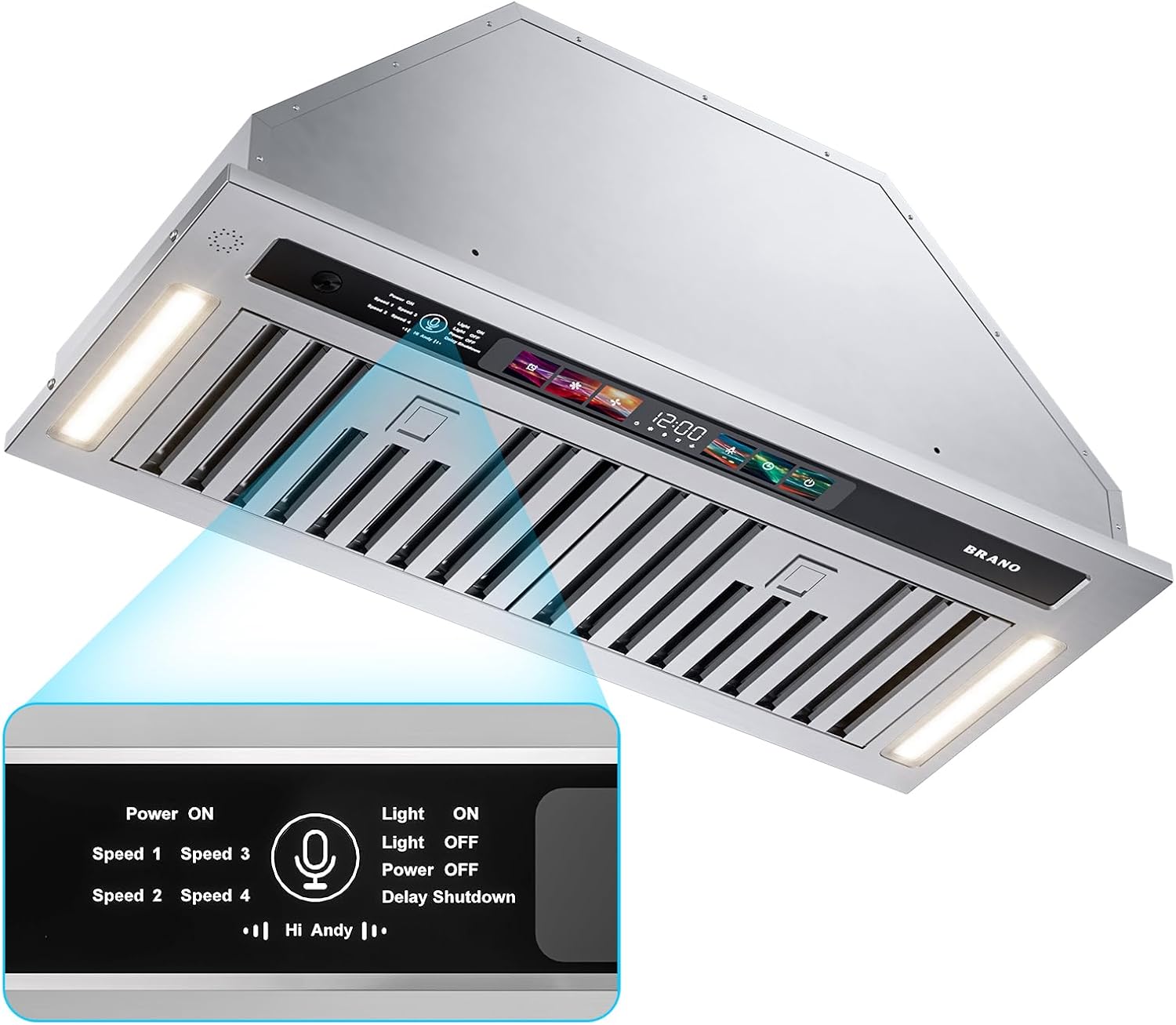 BRANO Range Hood Insert 30 Inch, 900 CFM Smart Voice/Gesture/Touch Control, 4 Speed Exhaust Fan, Stainless Steel Kitchen Hood with Charcoal Filter, Ducted/Ductless Convertible