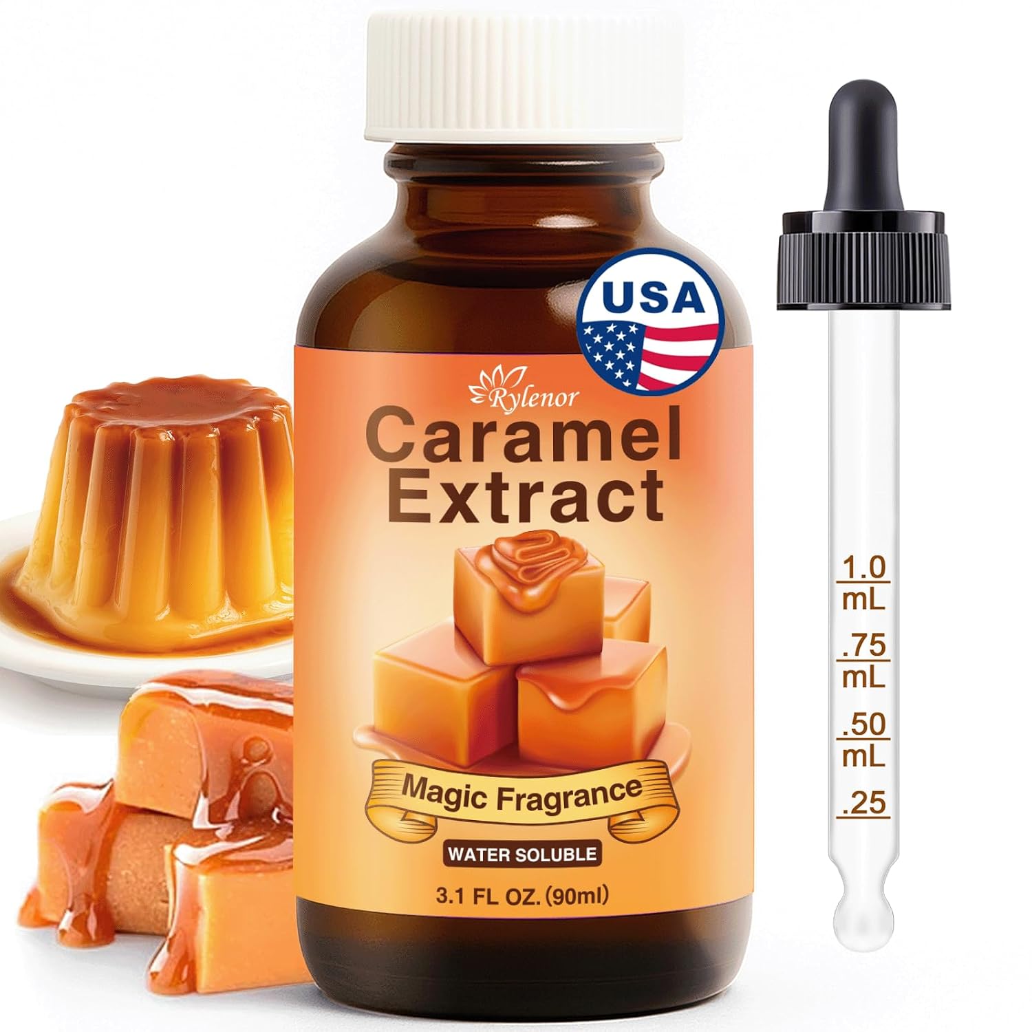 Rylenor 3 Oz Natural Caramel Extract for Baking, Pudding Cupcakes | Water-Soluble Sugar-Free Concentrated Caramel Extract for Drinks, Coffee, Lattes, Ice Cream,Includes Measured Dropper