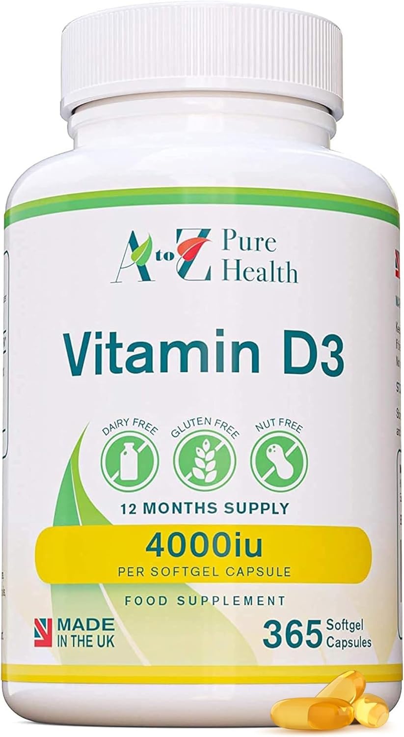 Vitamin D3 4000iu 1 Year Supply | Premium High Strength Supplement | 365 Easy to Swallow Softgel Capsule | One a Day, Year Supply | Supports Healthy Bones, Teeth, Muscle and Immune System | UK Made