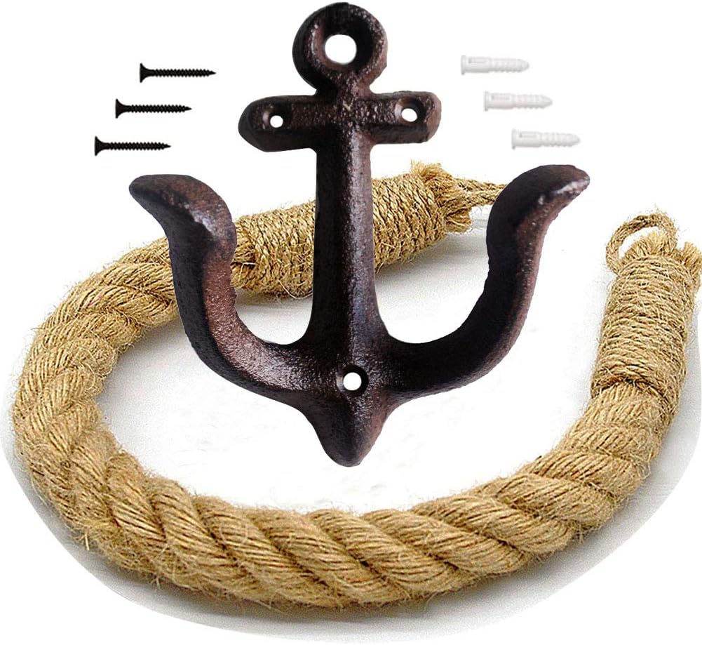Brown Antique Bathroom Towel Holder Nautical Rope Toilet Paper Holder Tie-Back Curtain Rack Wall Mounted Metal Anchor Hook Design for Beach Themed Bathroom Decor