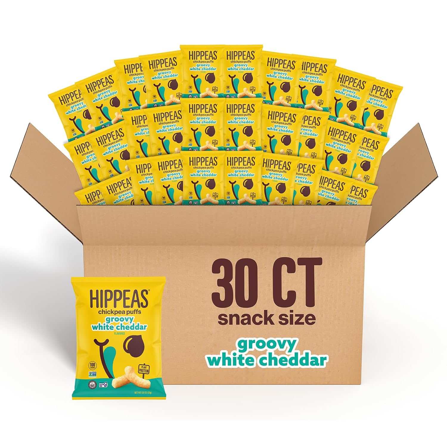 Hippeas Chickpea Puffs, Vegan White Cheddar, 0.8 Ounce (Pack of 30), 3g Protein, 2g Fiber, Vegan, Gluten-Free, Crunchy, Plant Protein Snacks