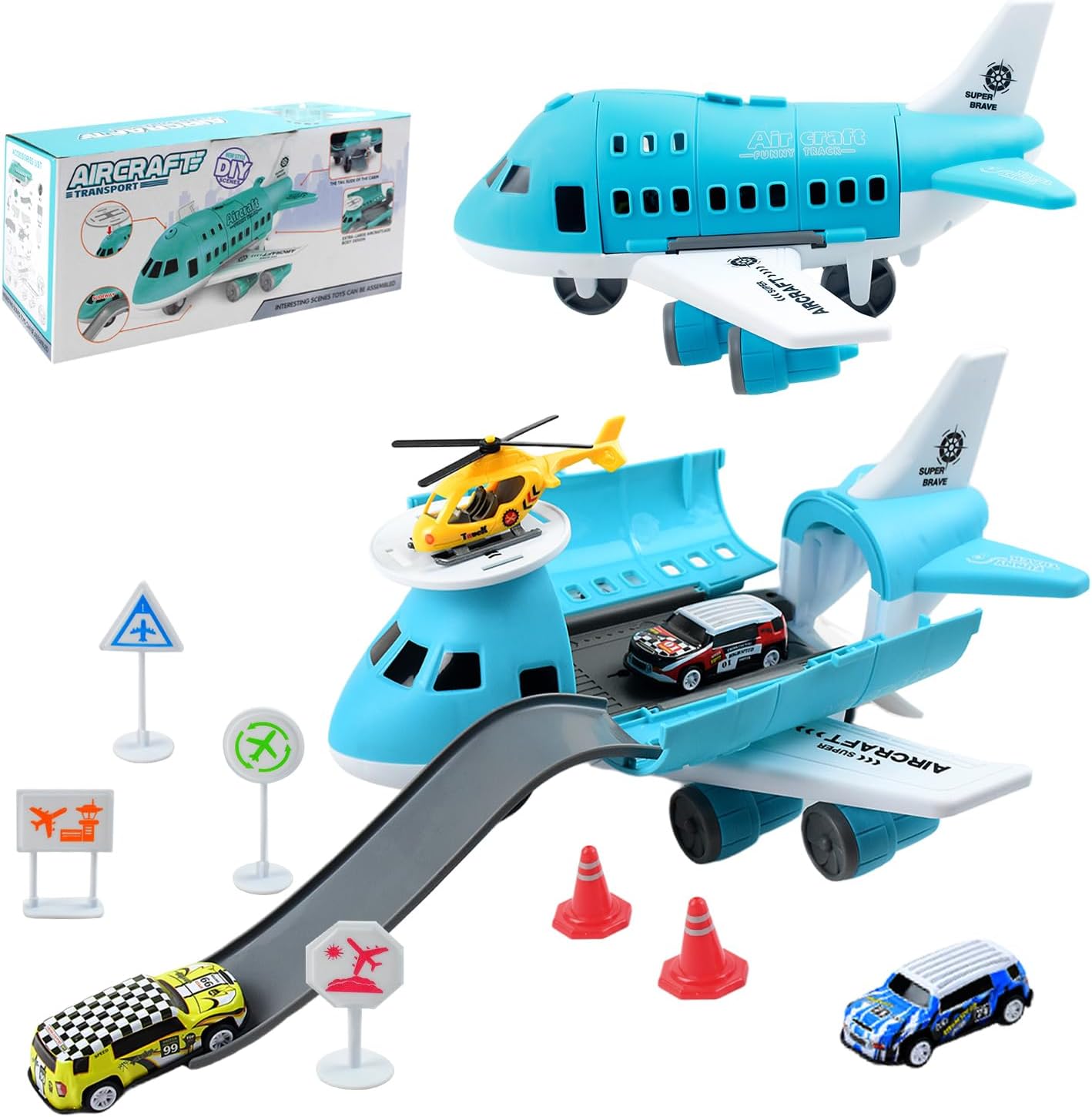 Transport Airplane Cargo Plane Car Kids Toys Set with 3pcs Small City Cars, 1pcs Helicopter Toy and 6pcs DIY Traffic Signs Gift Toys for Boys Girls 3+ Years Old