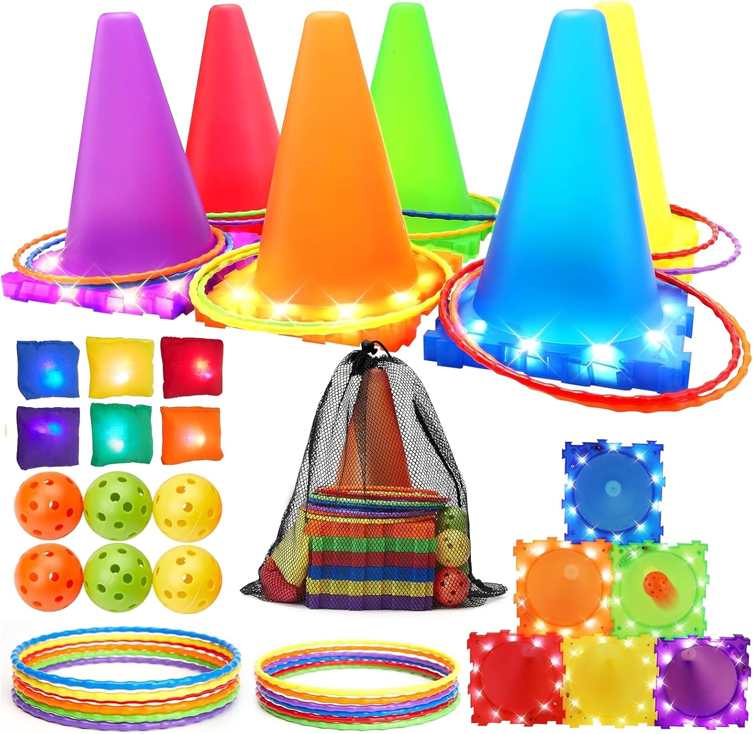 Bean Bag Toss Game Toys - Light Up 3 in 1 Carnival Games Set, Cones Bean Bags Ring Toss, Garden Game Indoor Outdoor Throwing Games for Family Activity, Gifts for Age 3+ Years Old Girls Boys Toddlers