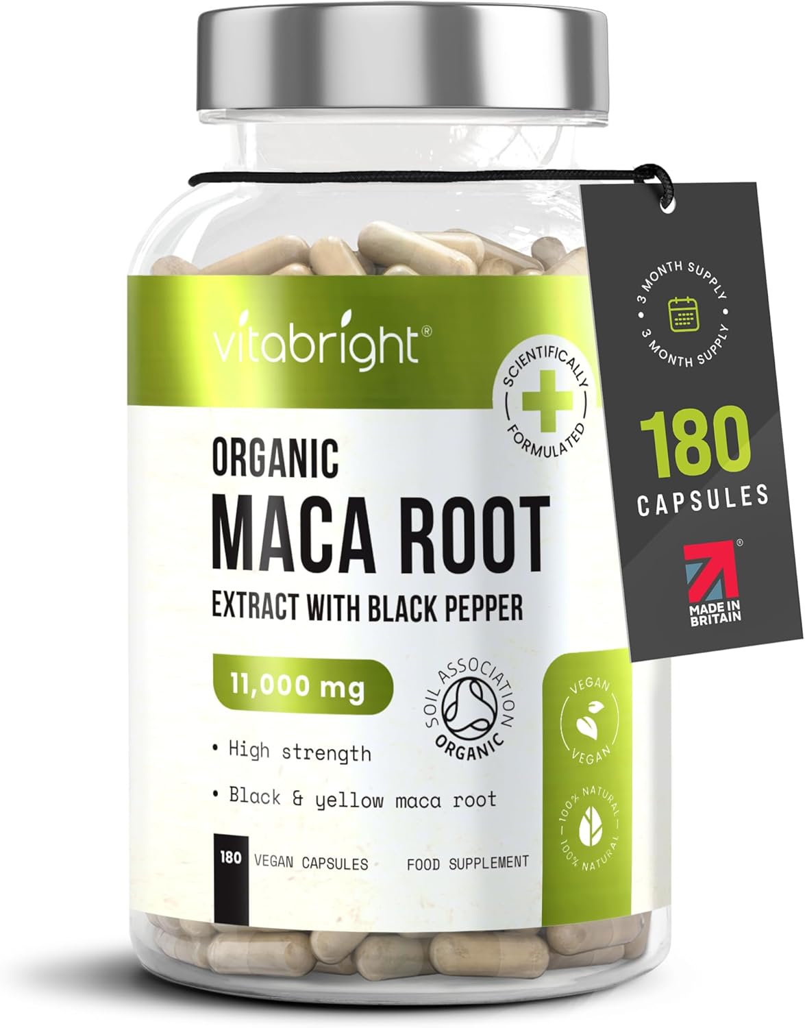 Black Maca Root Capsules 11,000mg | 180 Capsules | Extra Strength Organic Powder Extract | Maca Peruana | Vegan Supplement | VitaBright