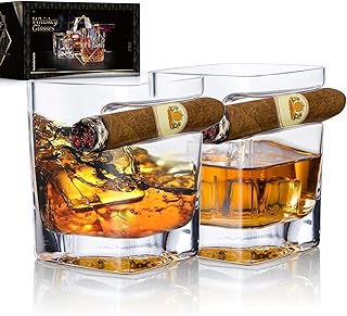 YouYah Cigar Whiskey Glasses with Cigar Holder-Set of 2,Cigar Accessories,Crystal Whisky Glass Set with Indented Cigar Rest,Premium Rocks Glass,for Brandy,Cocktail,Vodka,Bourbon,Gifts for Men(9.5oz)