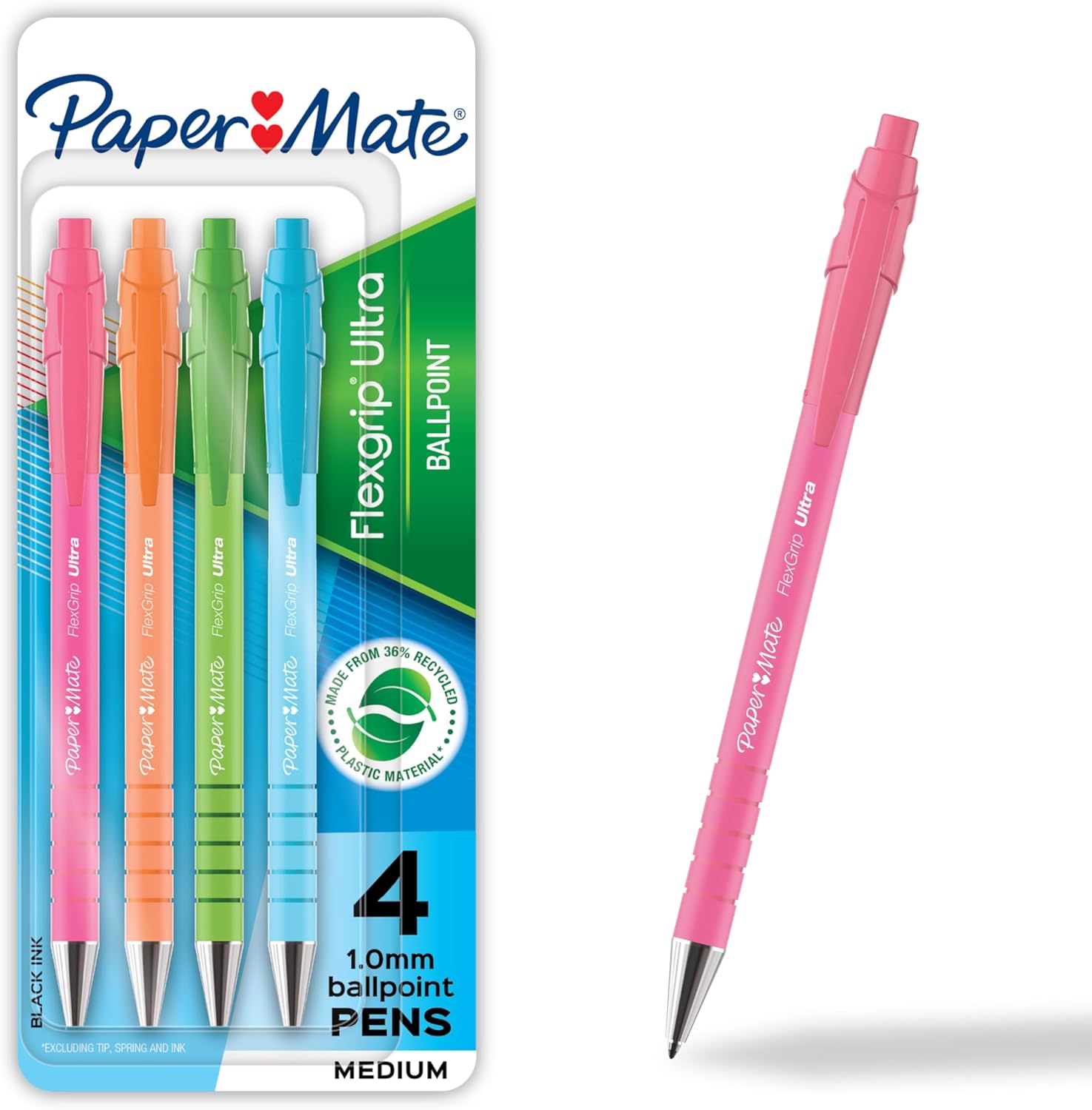 Paper Mate FlexGrip Ultra Ballpoint Pens Made from Recycled Plastic Materials Assorted Barrel Colors Medium Point (1.0mm) Black 4 Count