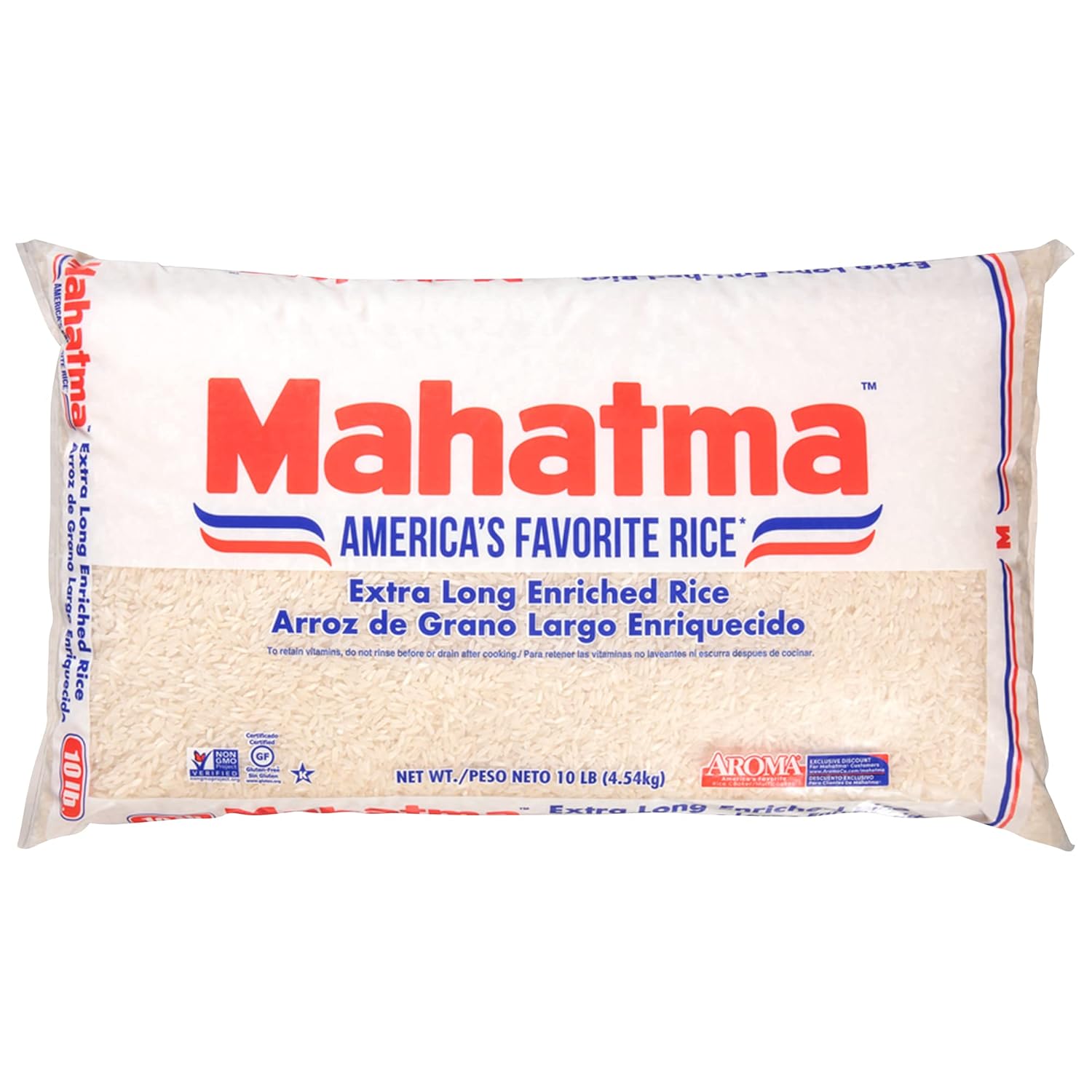 Mahatma Extra Long Grain White Rice, 10 Pound, Gluten-Free and Non-GMO, Rice Bulk Bag (Pack of 1)