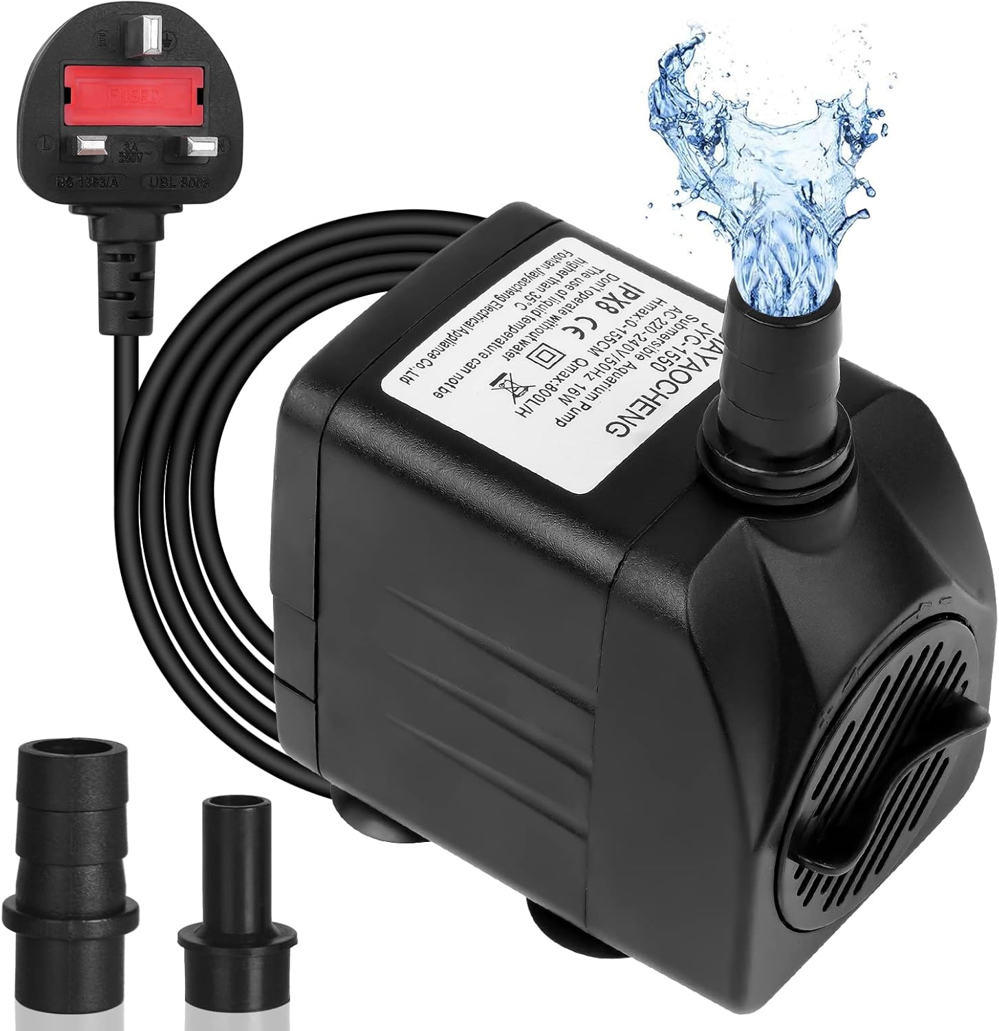 Flintronic Submersible Water Pump(800L/H 16W), Ultra-Quiet Water Pump1.6m/5.2ft High Lift, Fountain Pump with 1.4m/4.5ft Power Cord&2 Nozzles for Aquarium, Fish Tank, Statuary, Hydroponics