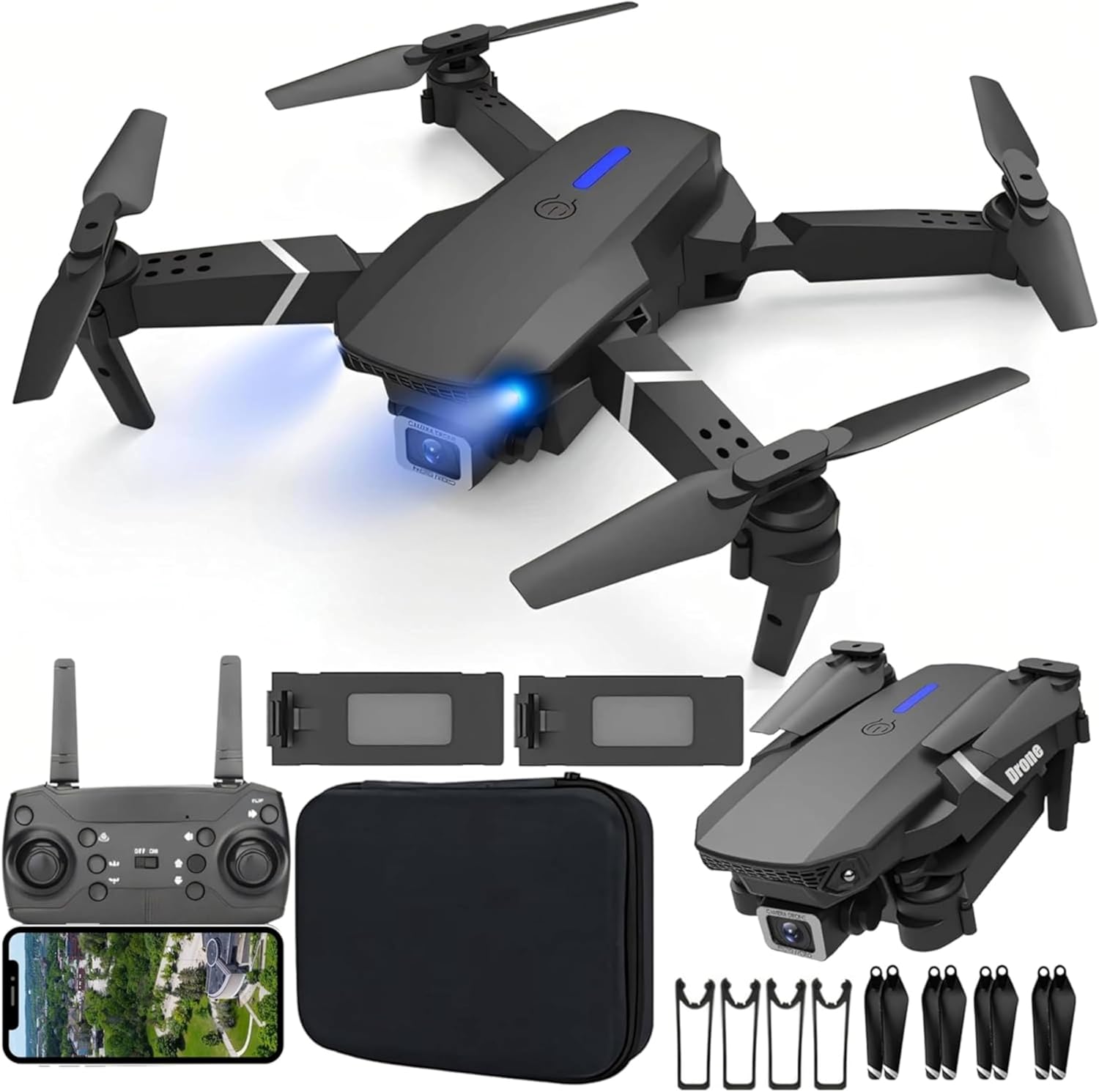 ADEPTNA Drone E88 HD Dual Camera,Foldable RC Quadcopter with Obstacle Avoidance,150m Range, WiFi FPV, 360° Rolls,Altitude Hold,25-30 Min Flight Time with 2 Batteries,Ideal for Beginners & Xmas Gift