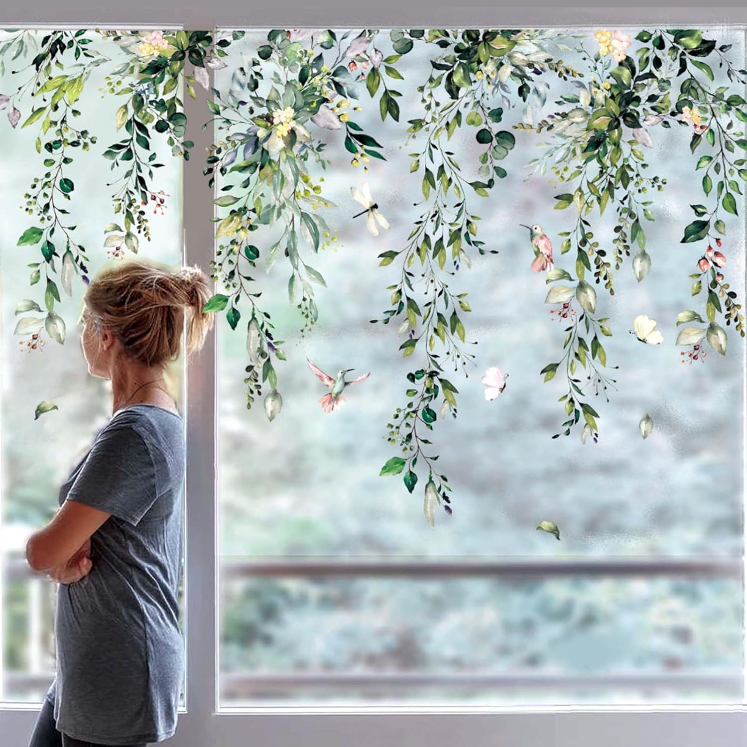 Whaline 9 Sheets Summer Flowers Window Clings Eucalyptus Flower Window Stickers Spring Plant Hanging Vine Floral Leaf Reusable Static Window Decals for Wedding Party Home Decor Supplies