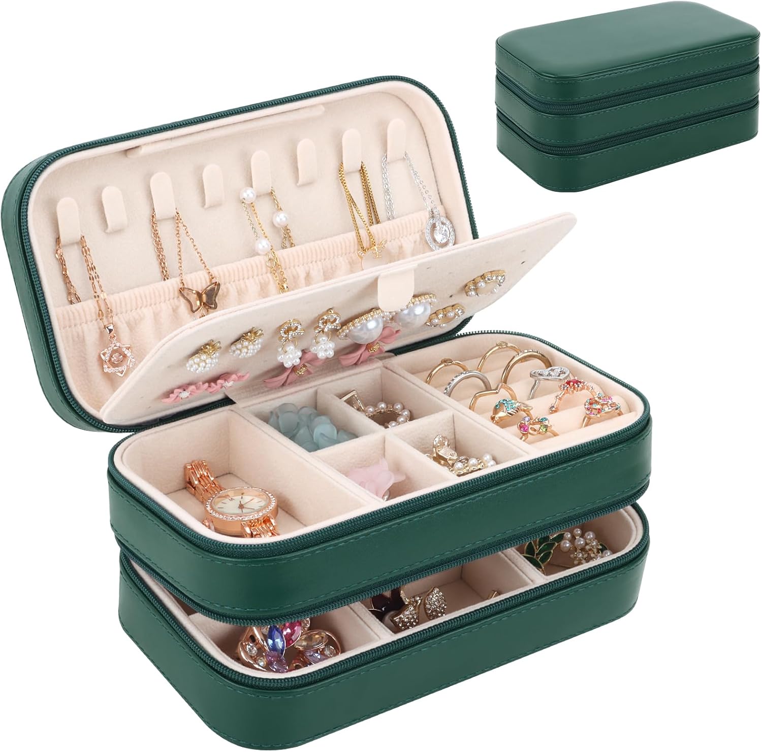 DesignSter Jewellery Box Organiser, Small Portable Travel Jewellery Case with 2 Zippers for Rings Earrings Necklace, Double Layers PU Leather Jewellery Storage Box, Dark green