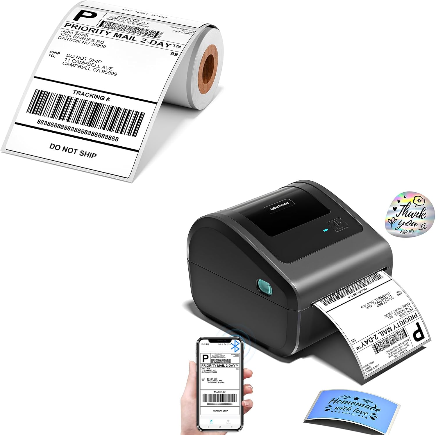 D450BT Bluetooth Shipping Label Printer with 1 Roll 4x6 Thermal Labels 100pcs