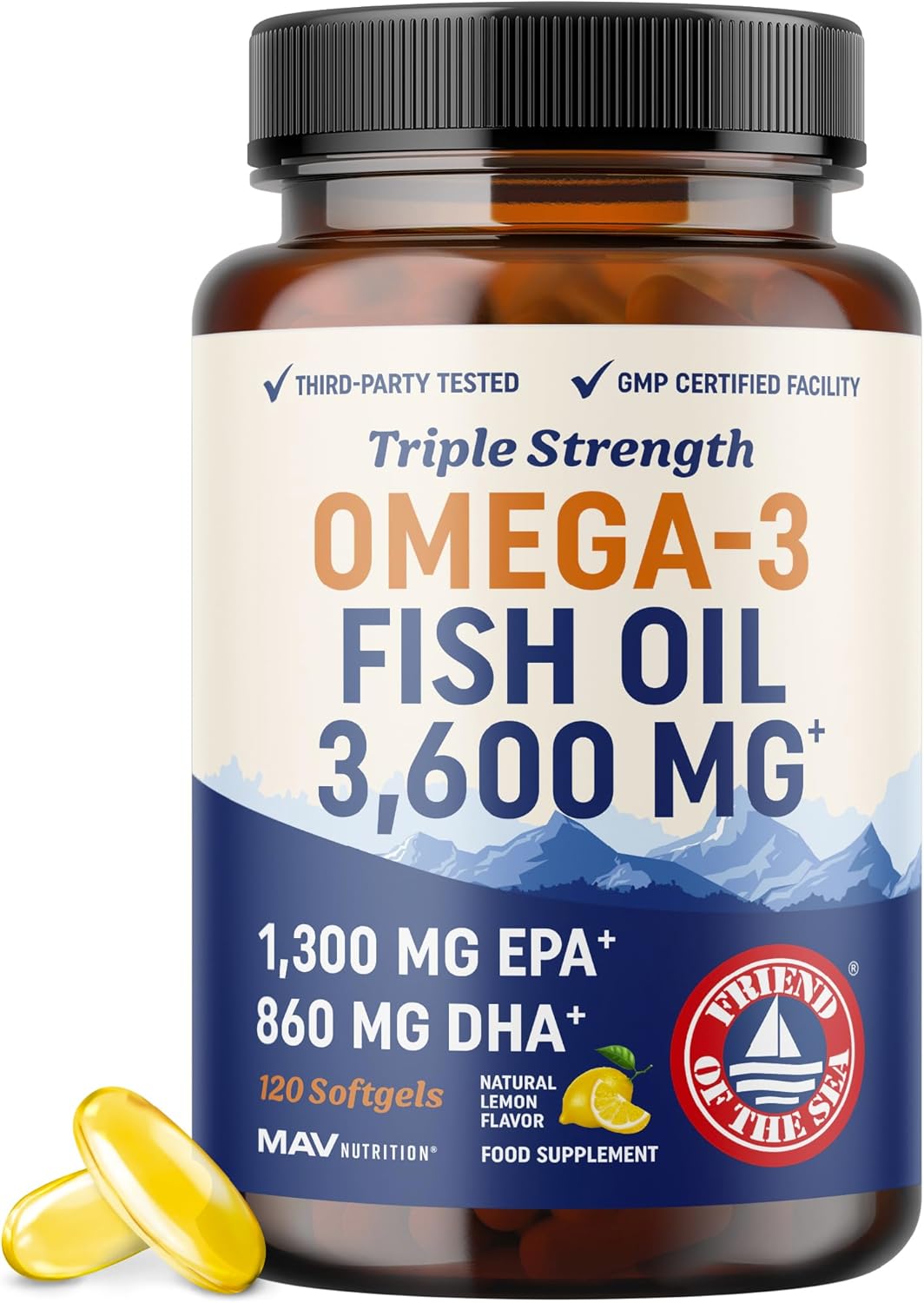 Omega-3 Fish Oil Supplement 3600 mg | EPA & DHA | Best Source of Omega 3 | Ultimate Brain, Joint, & Eye Health Support for Men & Women | Non GMO Burpless Lemon Softgel Capsules 2000mg Plus (120 Pills)