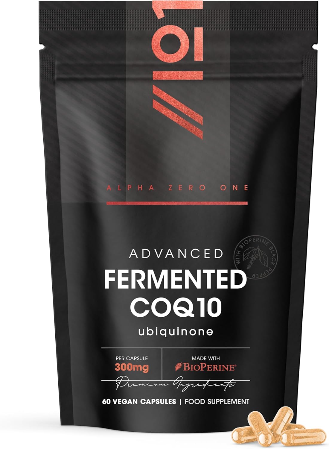 Fermented CoQ10 300mg with BioPerine – USP Grade Ubiquinone – Naturally Fermented Co Enzyme Q10 – 60 Vegan Capsules (2 Months Supply) by Alpha01