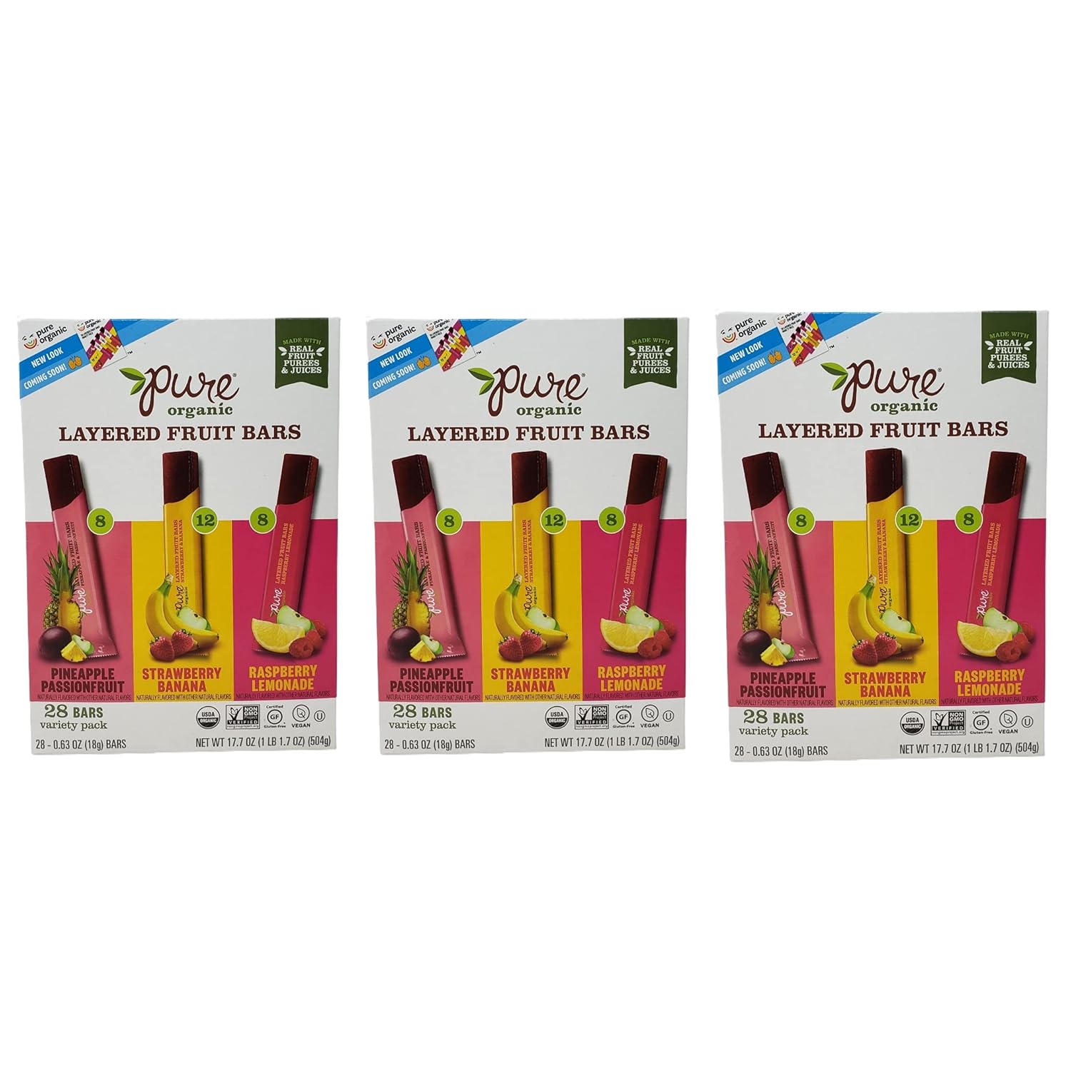 Pure Organic Layered Fruit Bars - Pineapple Passion Fruit, Strawberry Banana ,and Raspberry Lemonade - 84 Bars Total