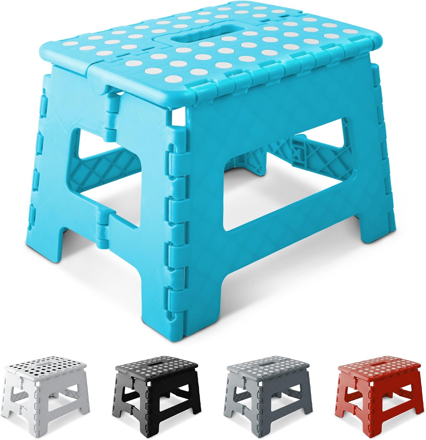 KEPLIN 9 Inch Heavy Duty Folding Step Stool | Non-Slip Foldable Footstool for Toddlers, Children & Adults | Portable, Lightweight Plastic Footstep w/Carrying Handle for Indoor or Outdoor (Blue)