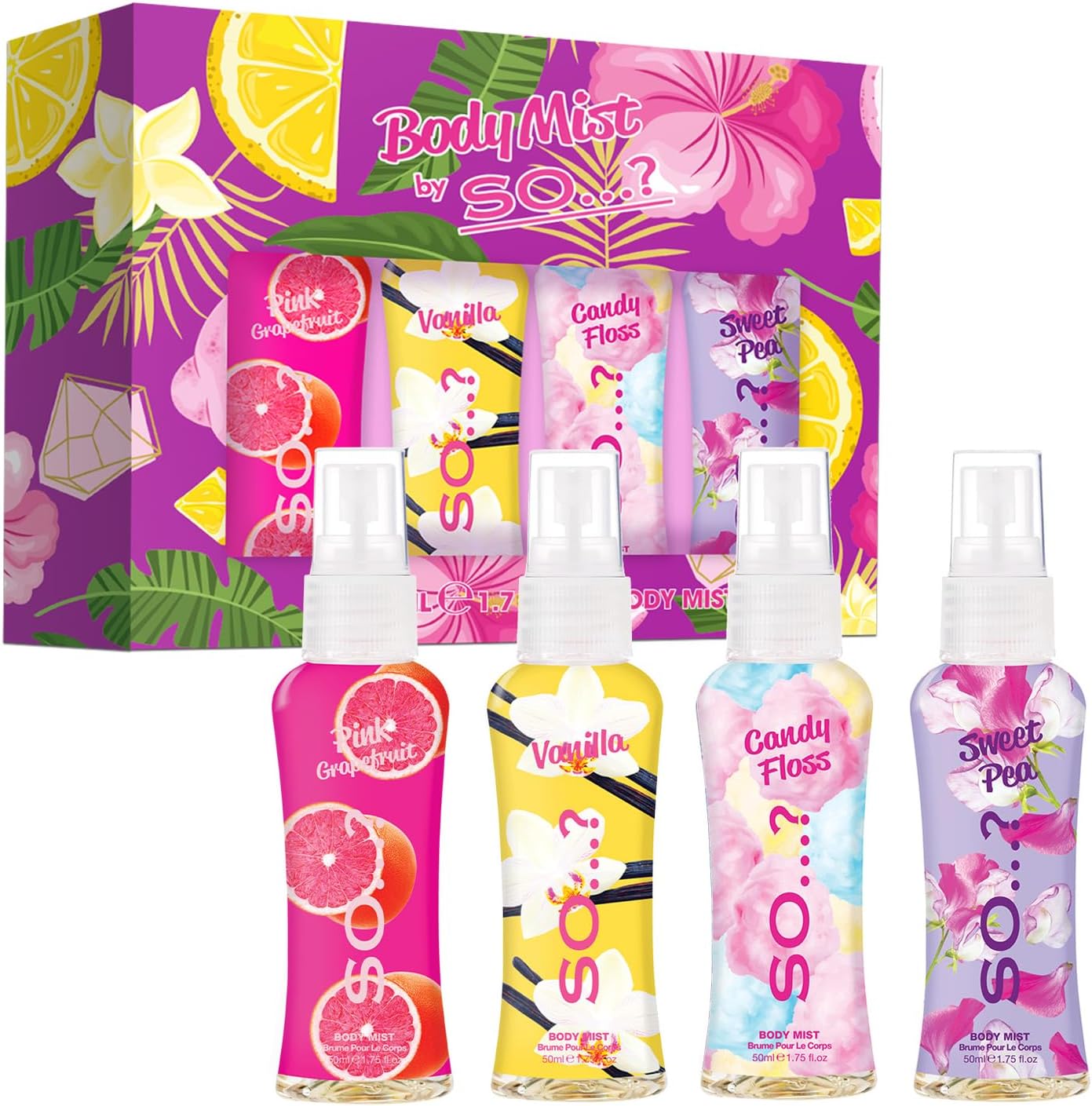 Body Mist By So…? Womens Mini Body Mist Gift Set, with Pink Grapefruit, Vanilla, Candy Floss & Sweet Pea, Fragrance Spray Set (4x50ml)