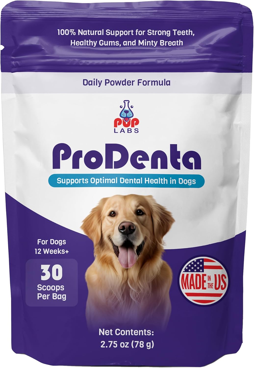ProDenta - All-Natural and Delicious Dental Powder for Dogs Teeth and Gum Health Against Leaky Gums - for Dogs 12+ Weeks - Made in The USA - 30 Scoops per Bag