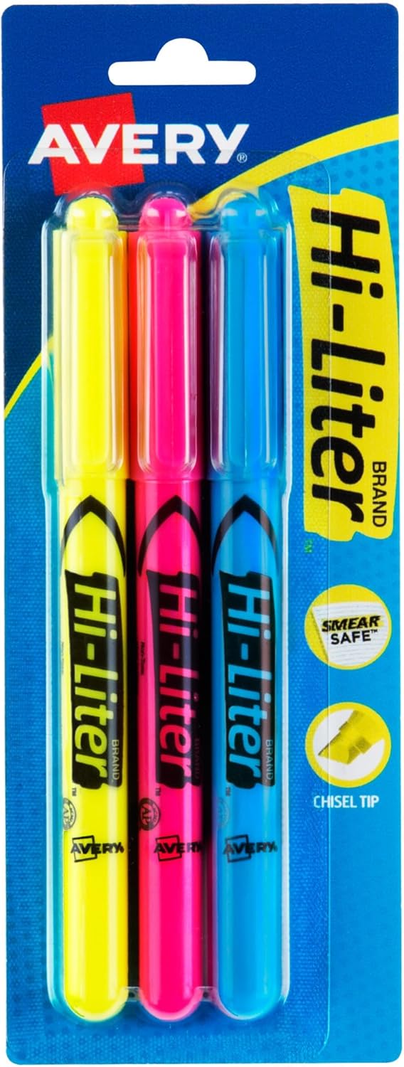 Avery Hi-Liter Pen-Style Highlighters, Smear Safe Ink, Chisel Tip, 3 Assorted Color Highlighters (25860)