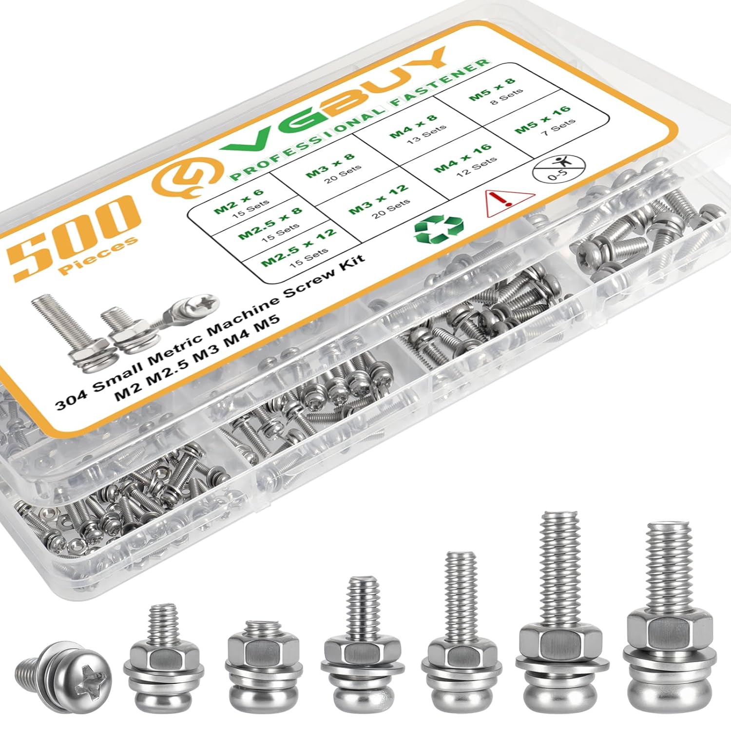 500Pcs Stainless Steel Nut and Bolt Assortment Kit, M2 M2.5 M3 M4 M5 Small Metric Machine Screws, Multipurpose Hardware Set for DIY Projects, Repairs, Electronics