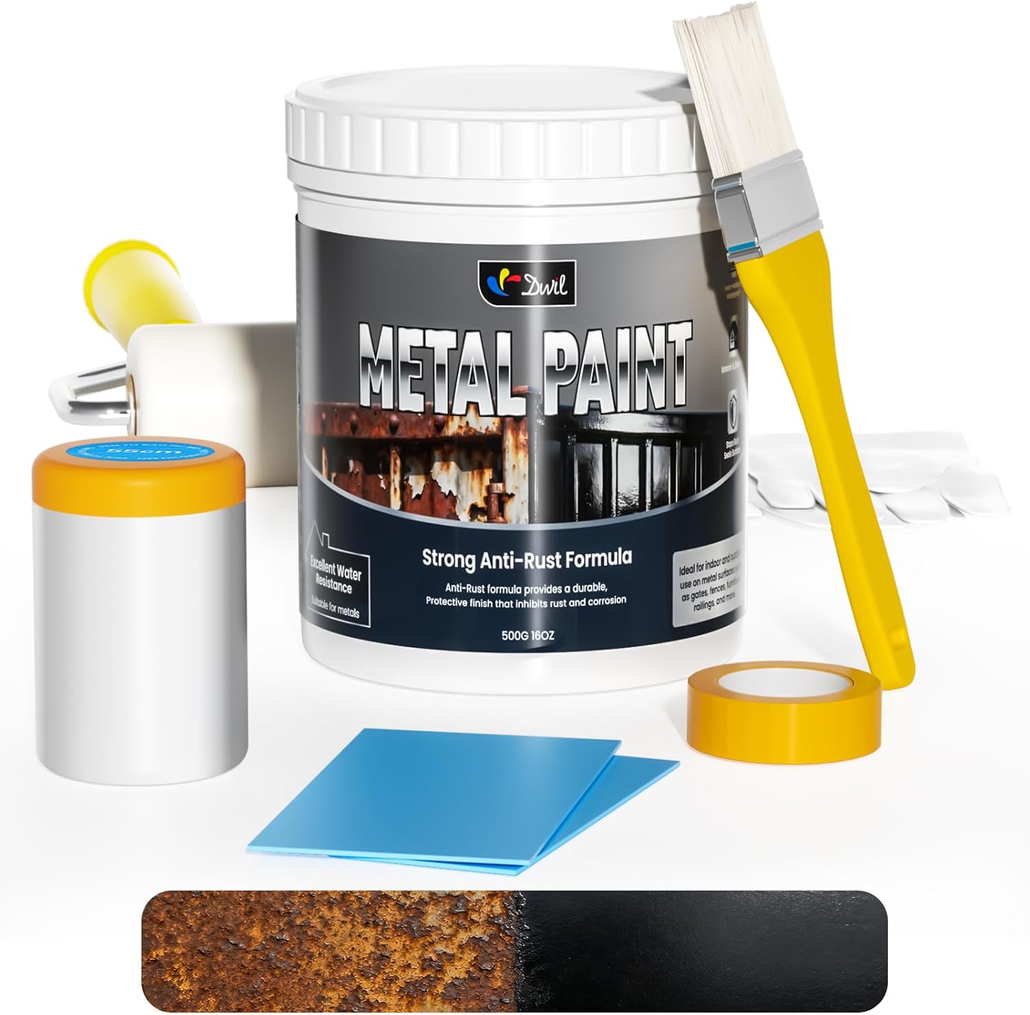 Metal Paint - Waterpoof Anti Rust Preventative - Black Paint for Metal - Door/Outdoor - Direct to Gate, Furniture, Fence, Railing, Craft and More, 25-30sq.ft, 16oz