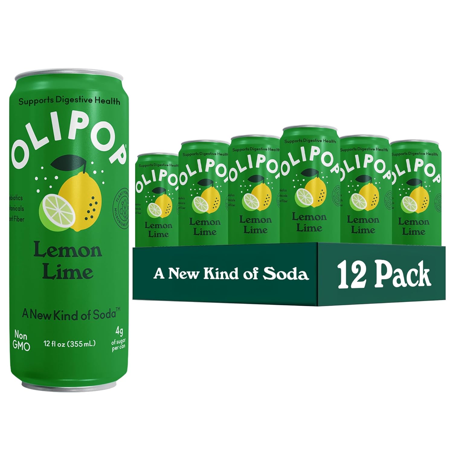 OLIPOP Prebiotic Soda Pop, Lemon Lime, Pantry Pack Packed with Prebiotics, Fiber, and Botanicals, Gluten Free, Vegan, GMO Free, 12oz Skinny (12-Cans)